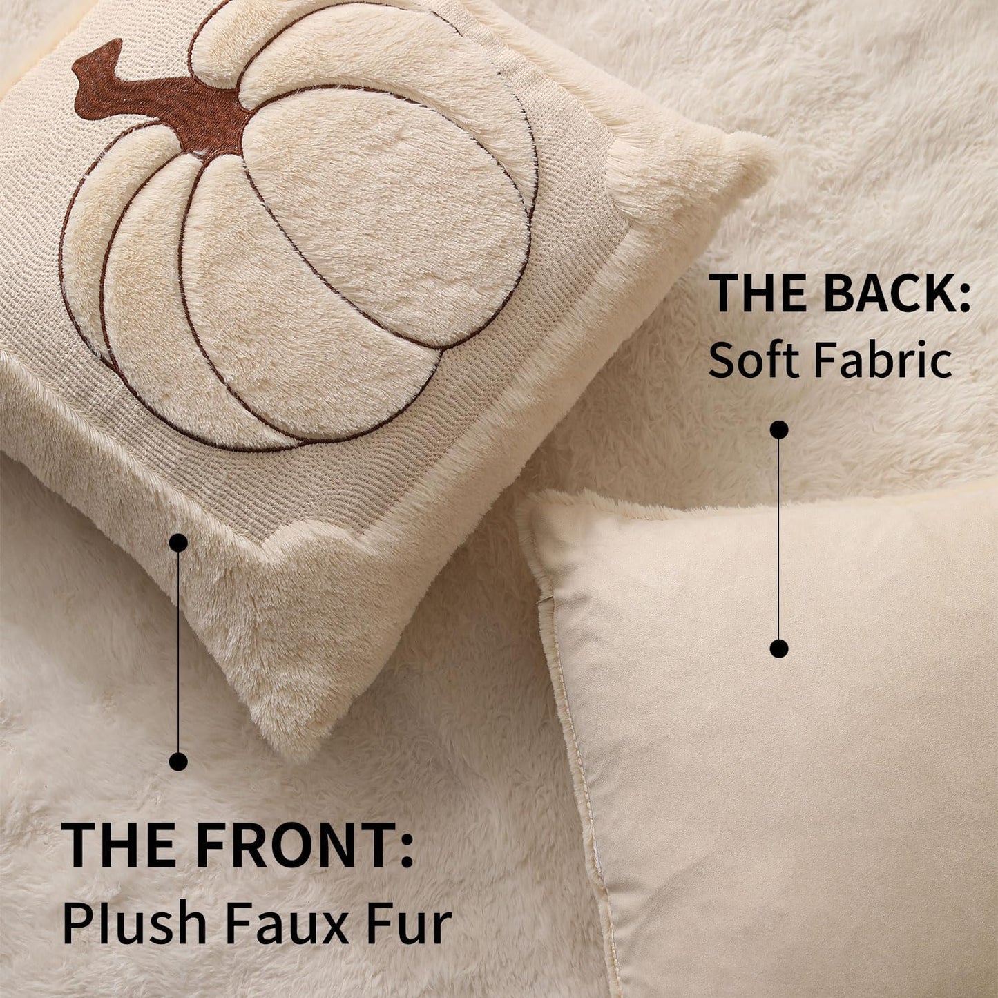 Fall Pillow Covers 18x18 Set of 2 | Beige Pumpkin Embroidery Plush Faux Fur Cushion Covers for Sofa