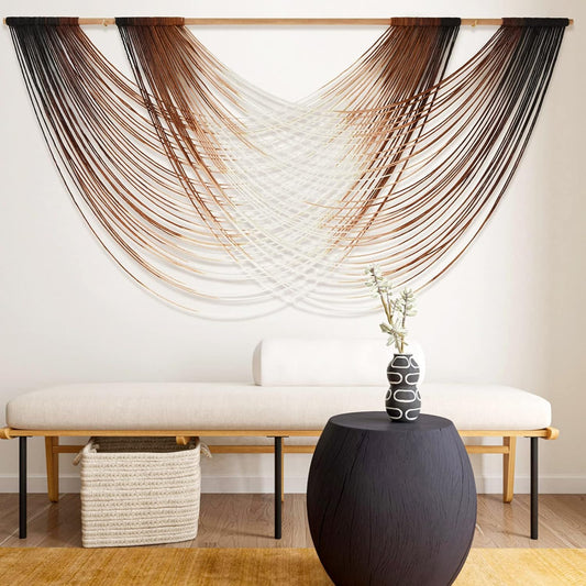 Macrame Wall Hanging | Dip Dye Brown Boho Yarn Tapestry for Modern Living Room & Bedroom, 57" x 35"