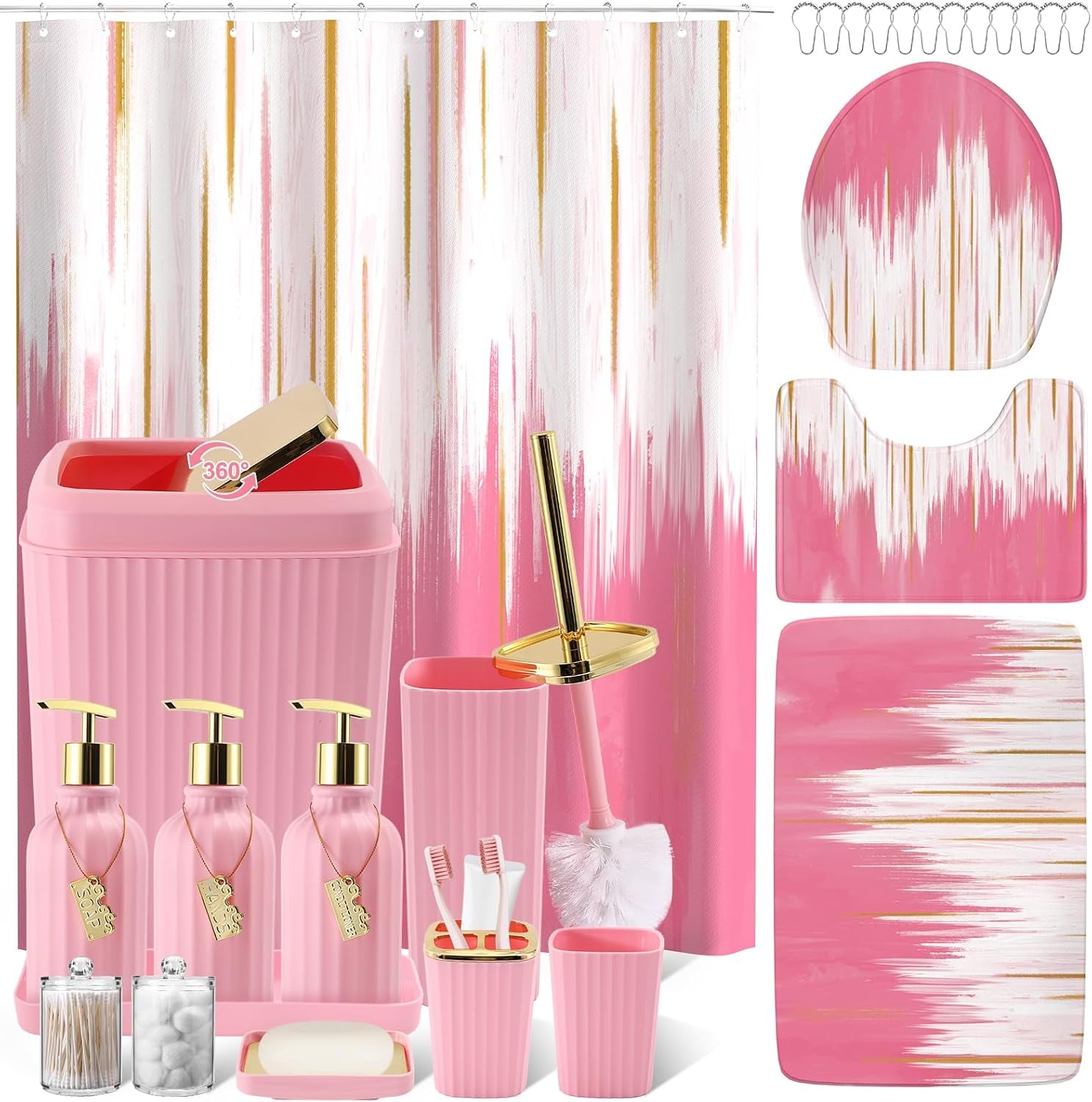 17-Piece Bathroom Accessory Set – Toilet Brush, Trash Can, Qtip Holder & 3 Soap Dispensers