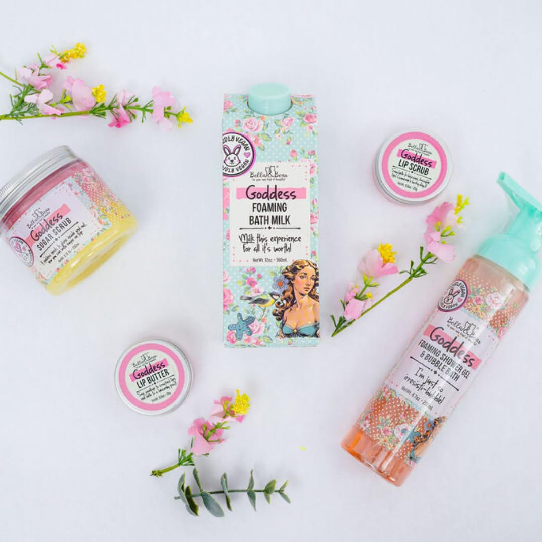 Goddess Mega Bath & Body Gift Set with Foaming Shower Gel & Bubble Bath, Bath Milk, Body Scrub & Lip Scrub and Lip Butter - Gift for Women