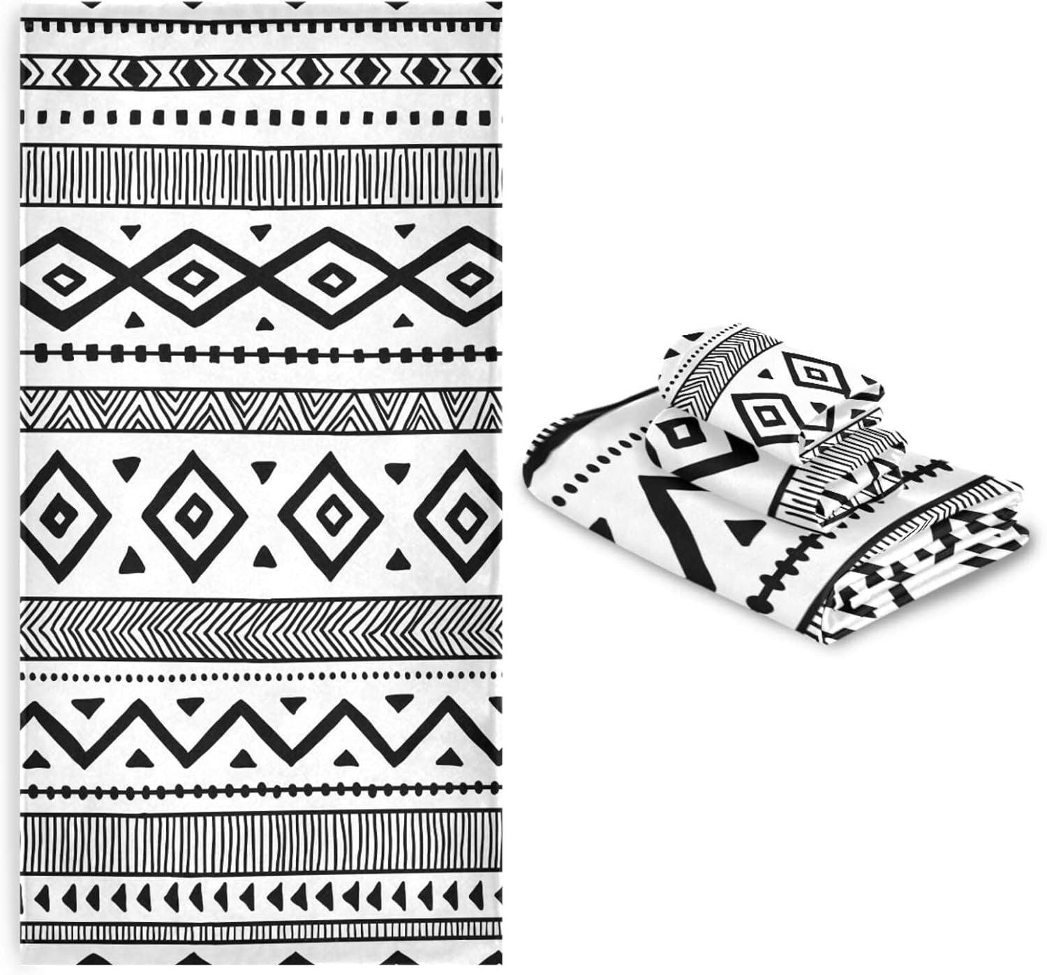 3-Piece Aztec Boho Bath Towel Set | Soft, Highly Absorbent Black & White Tribal Towels for Bathroom, Spa & Hotel