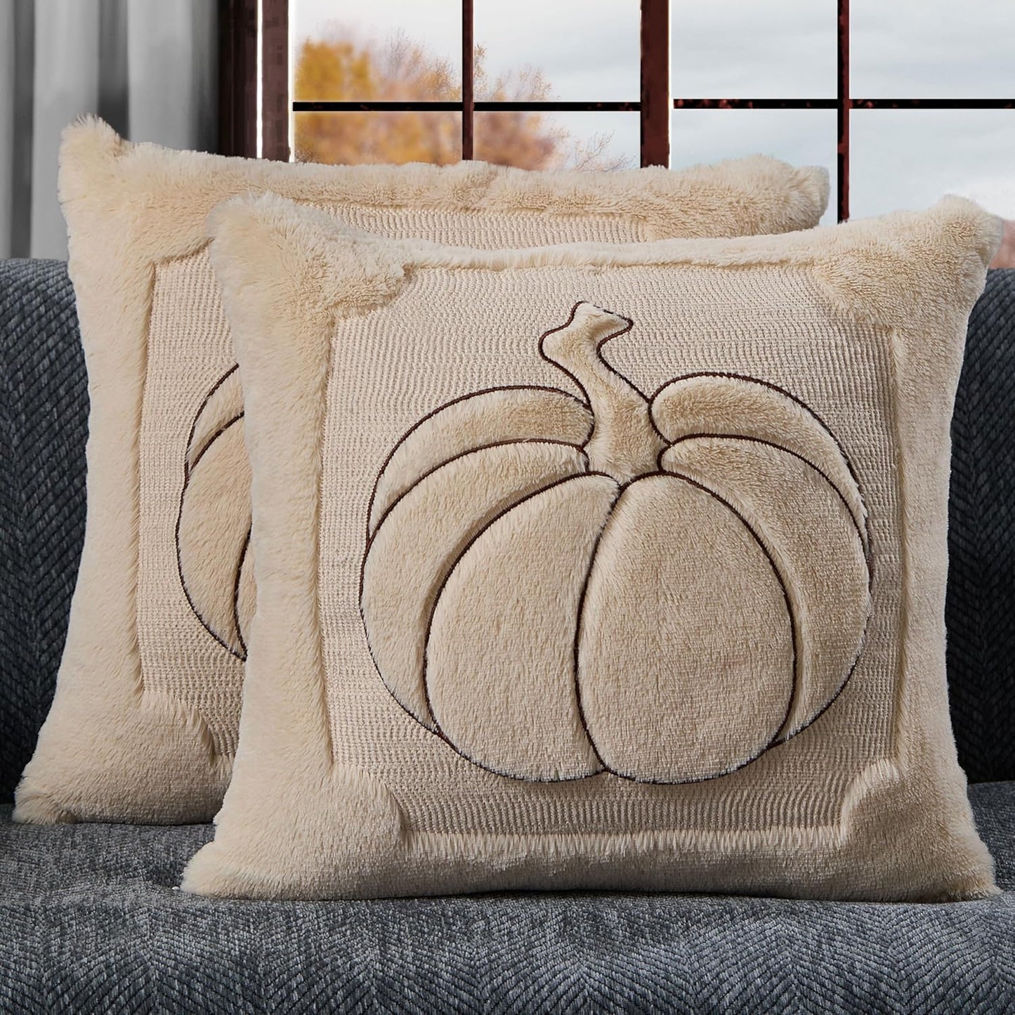 Fall Pillow Covers 18x18 Set of 2 | Beige Pumpkin Embroidery Plush Faux Fur Cushion Covers for Sofa