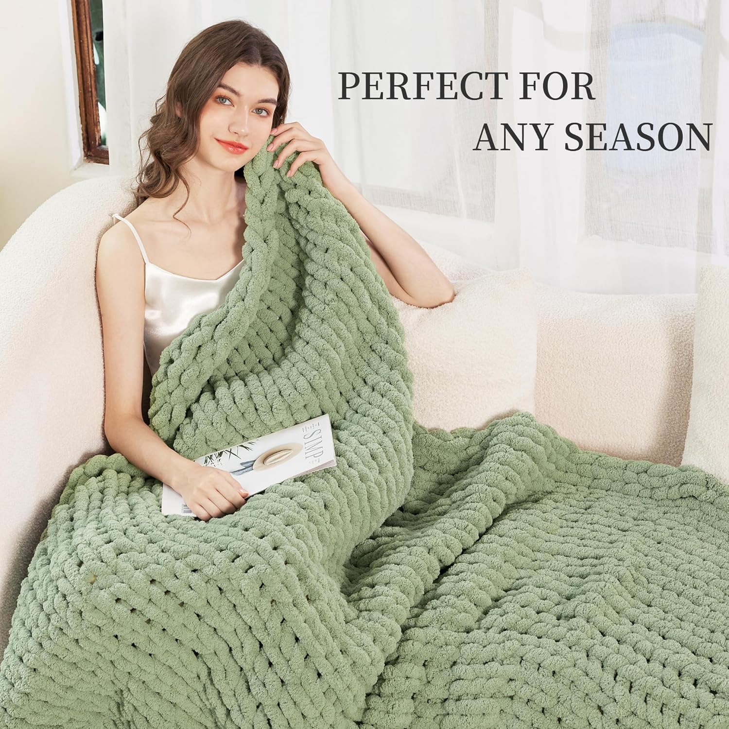 Chunky Knit Blanket Throw | Hand-Knit Chenille Sofa Blanket, Soft & Cozy Home Décor