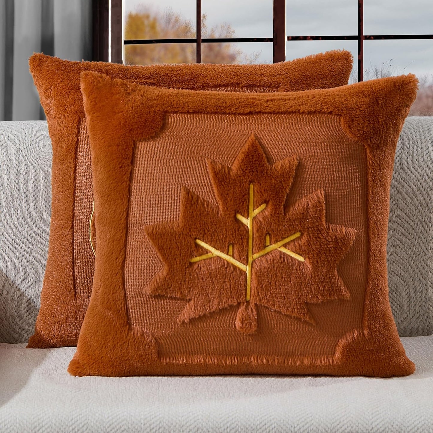 Fall Pillow Covers 18x18 Set of 2 | Beige Pumpkin Embroidery Plush Faux Fur Cushion Covers for Sofa