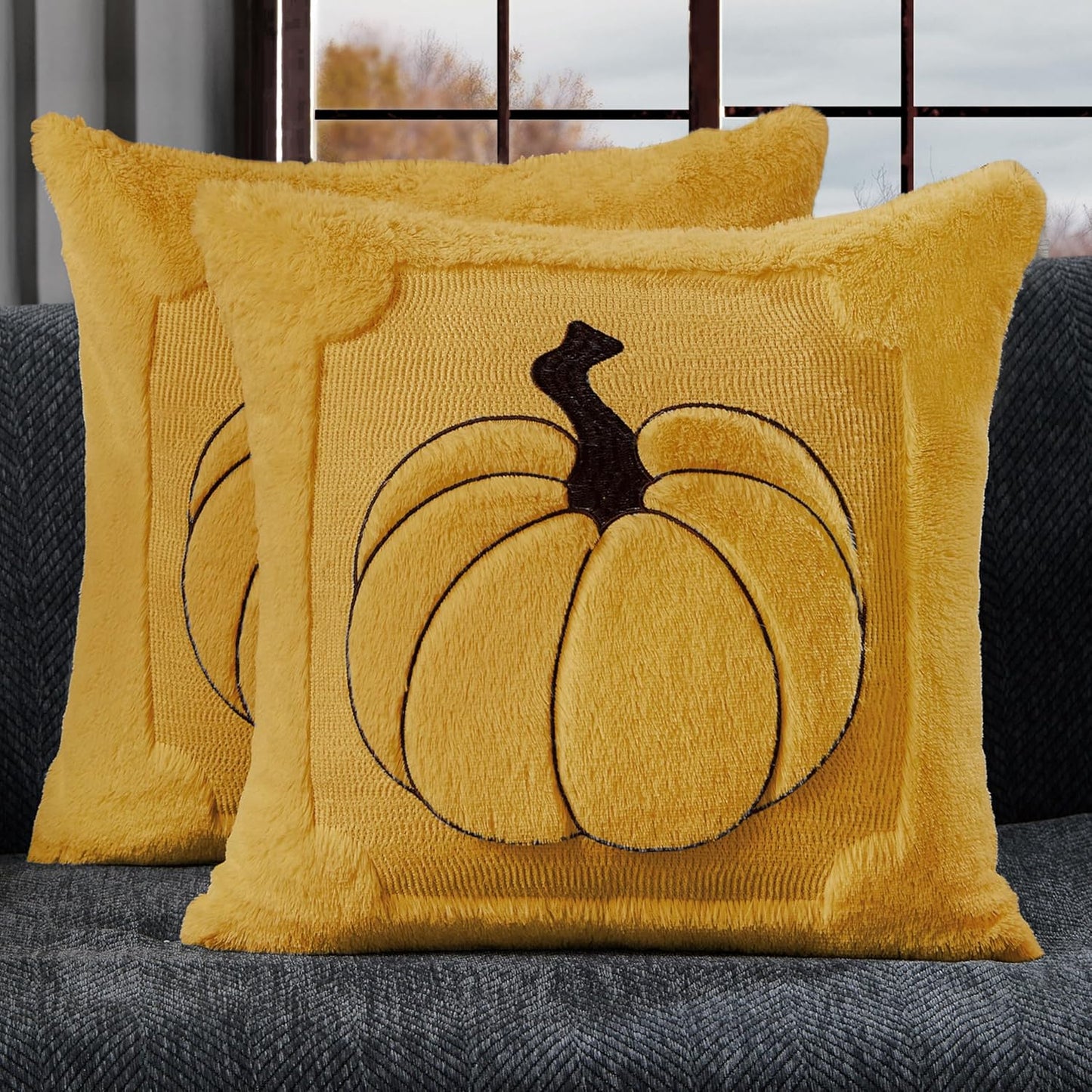 Fall Pillow Covers 18x18 Set of 2 | Beige Pumpkin Embroidery Plush Faux Fur Cushion Covers for Sofa