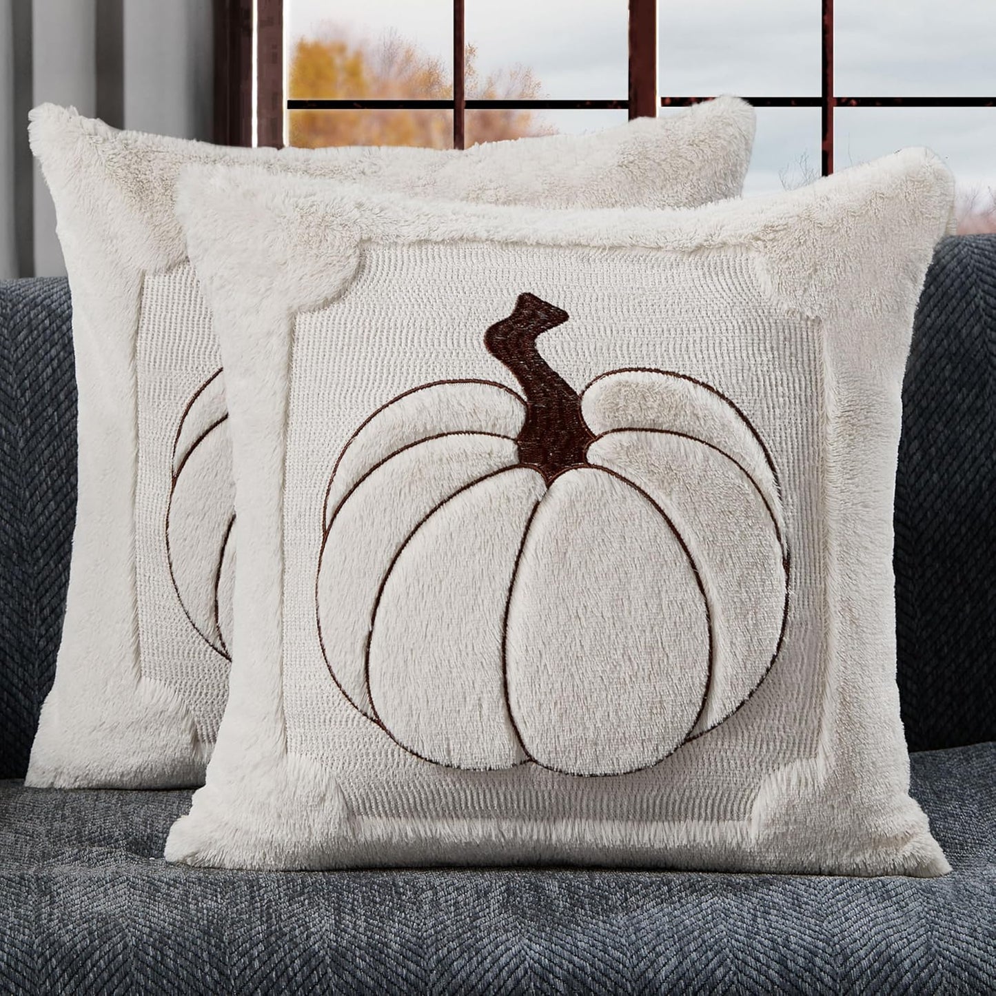 Fall Pillow Covers 18x18 Set of 2 | Beige Pumpkin Embroidery Plush Faux Fur Cushion Covers for Sofa