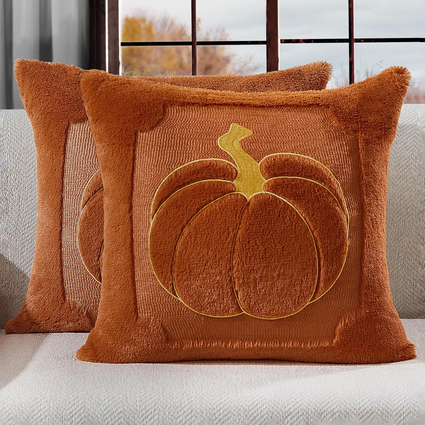 Fall Pillow Covers 18x18 Set of 2 | Beige Pumpkin Embroidery Plush Faux Fur Cushion Covers for Sofa