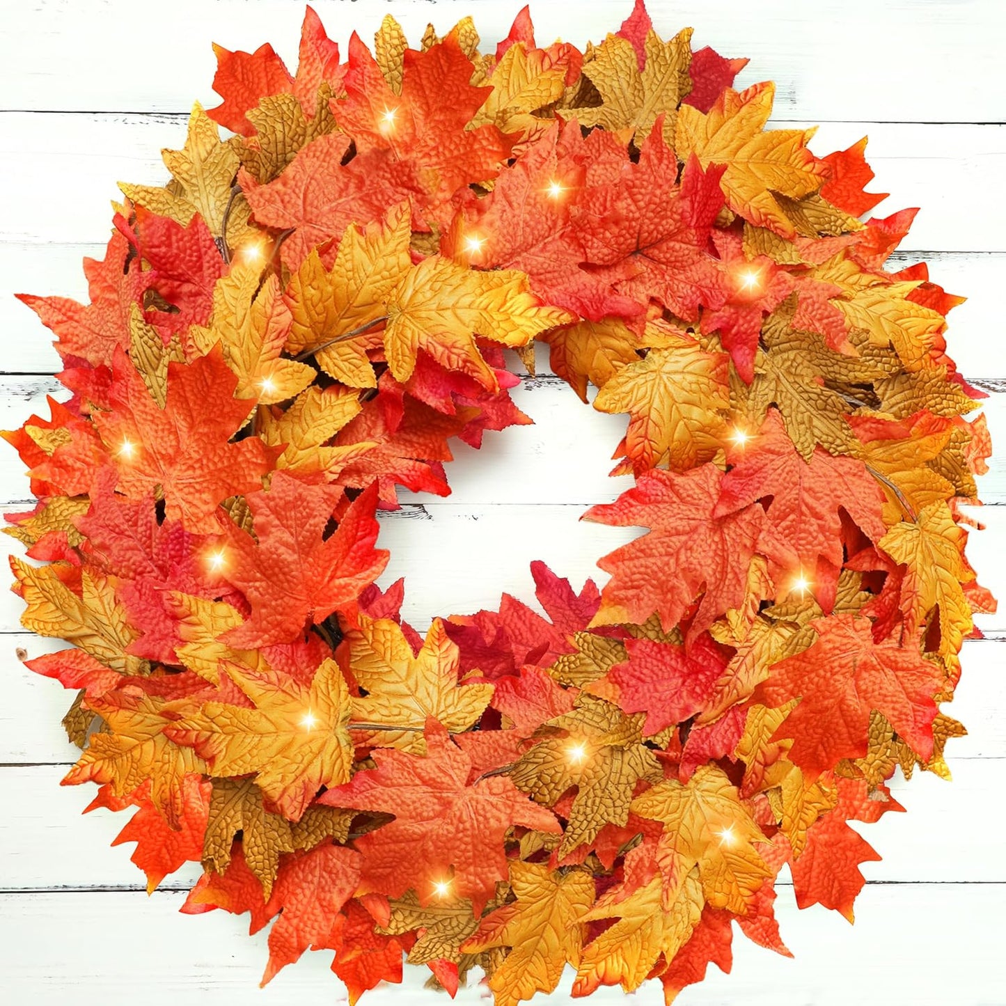 26-Inch Lighted Fall Wreath for Front Door | Foldable Autumn Maple Leaf & Pumpkin Wreath with Timer, Indoor/Outdoor Thanksgiving Harvest Décor