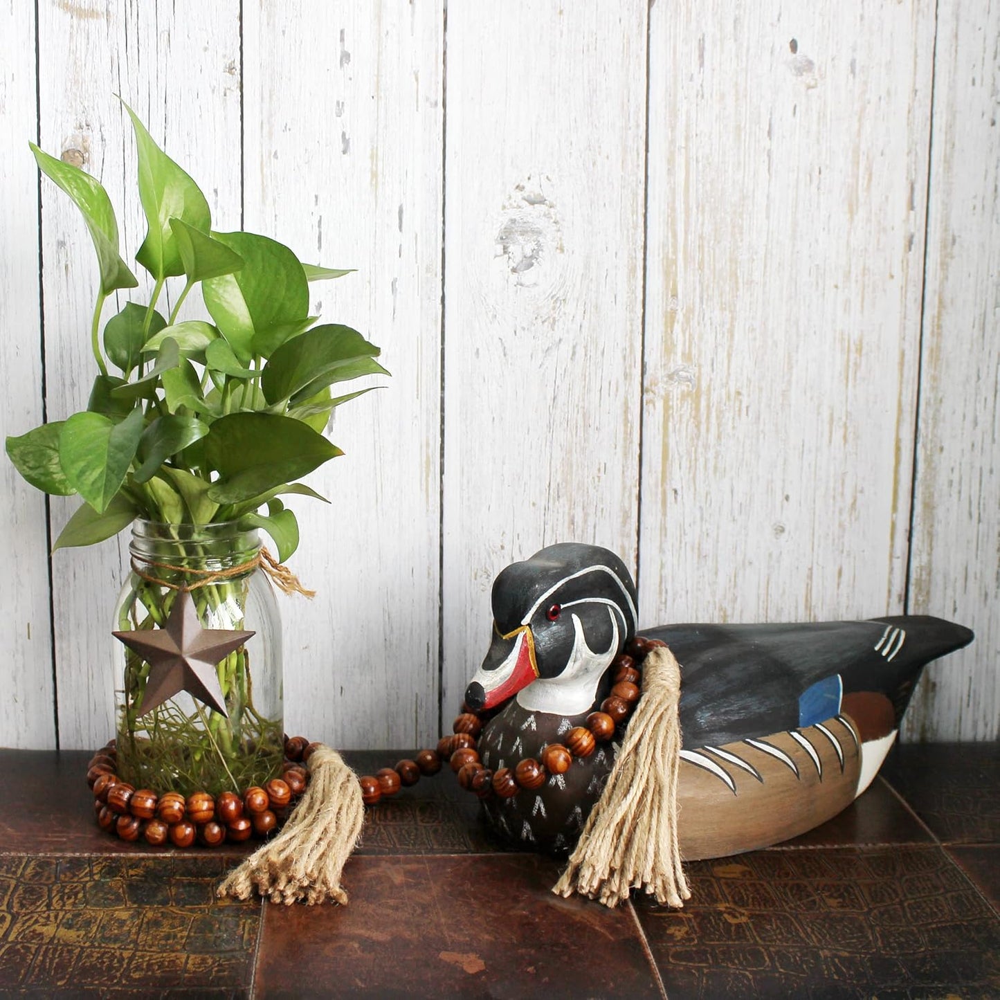 Wood Grain Beads Garland with Tassels | Dark Tan Farmhouse Rustic Prayer Bead Wall Hanging, Home & Festival Décor