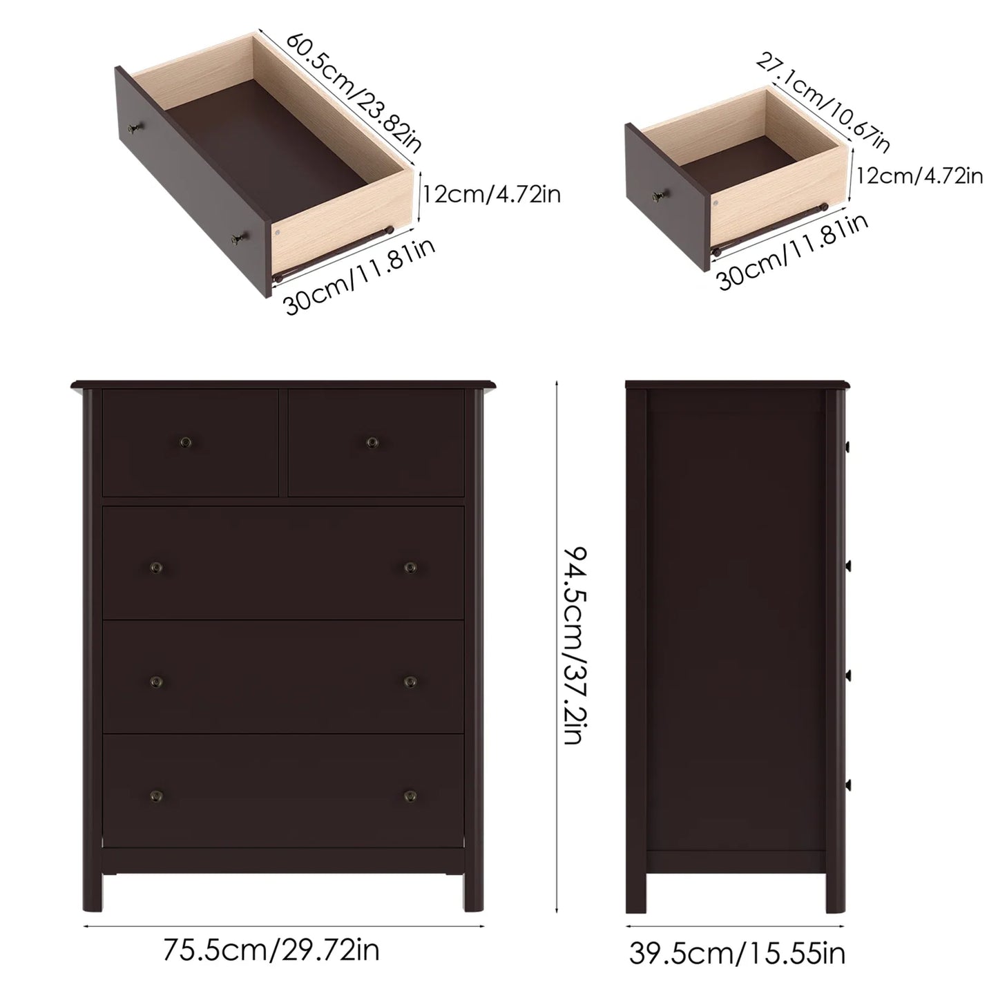 Brown 5-Drawer Dresser Chest | Bedroom & Living Room Storage Cabinet with Easy Pull Handles