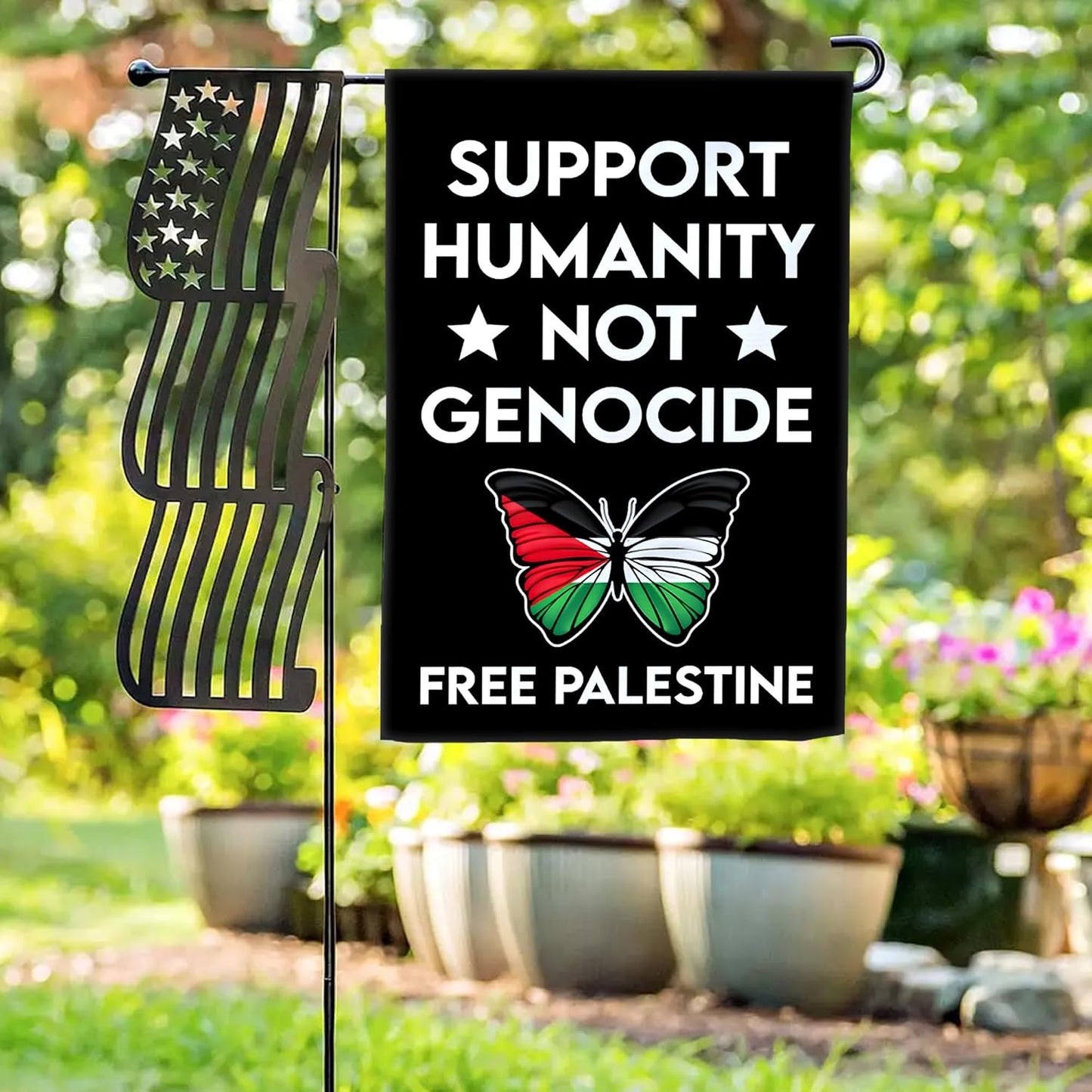 Support Humanity Not Genocide Garden Flag | Free Palestine Butterfly Yard Banner 12x18, Double-Sided Outdoor Décor