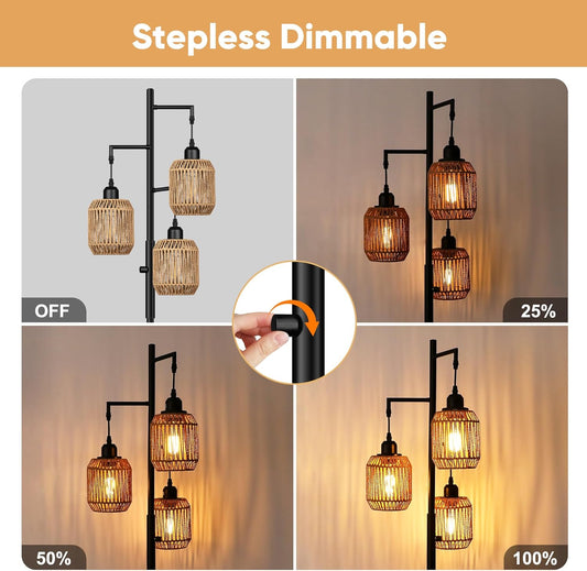 68" Dimmable Boho Floor Lamp | 3-Light Rattan Farmhouse Industrial Standing Lamp, Black
