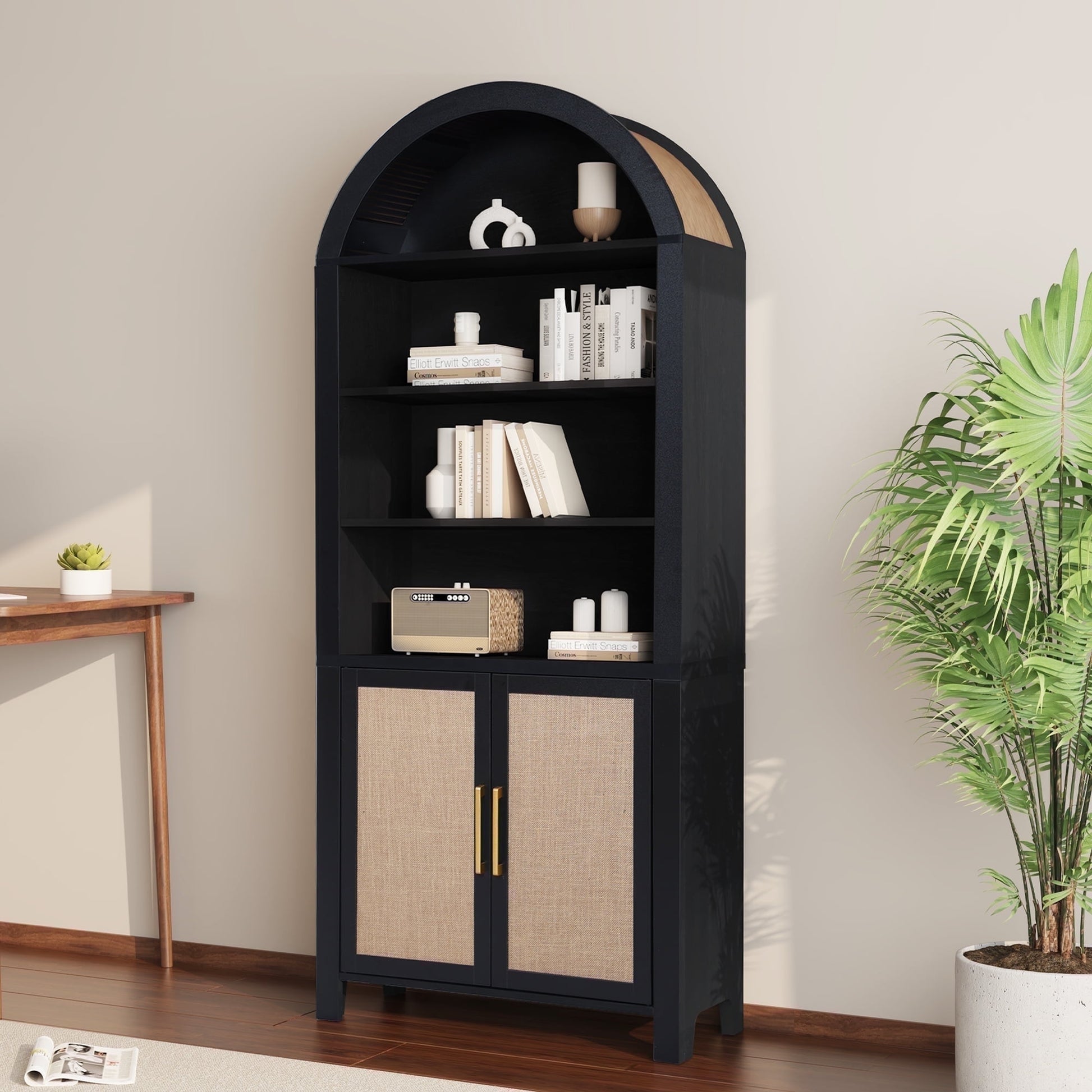 71" Tall Arched Bookshelf with Doors | Mid-Century Modern 6-Tier Rattan Storage Shelf, Black