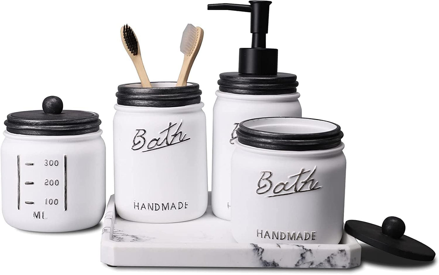 Mason Jar Bathroom Accessories Set | 5-Piece (Black/White)