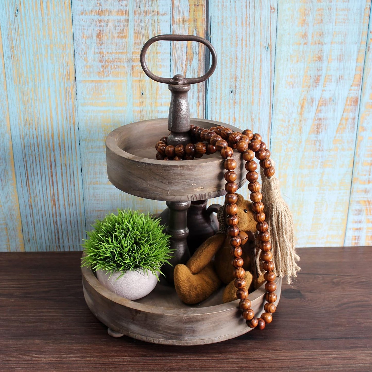 Wood Grain Beads Garland with Tassels | Dark Tan Farmhouse Rustic Prayer Bead Wall Hanging, Home & Festival Décor