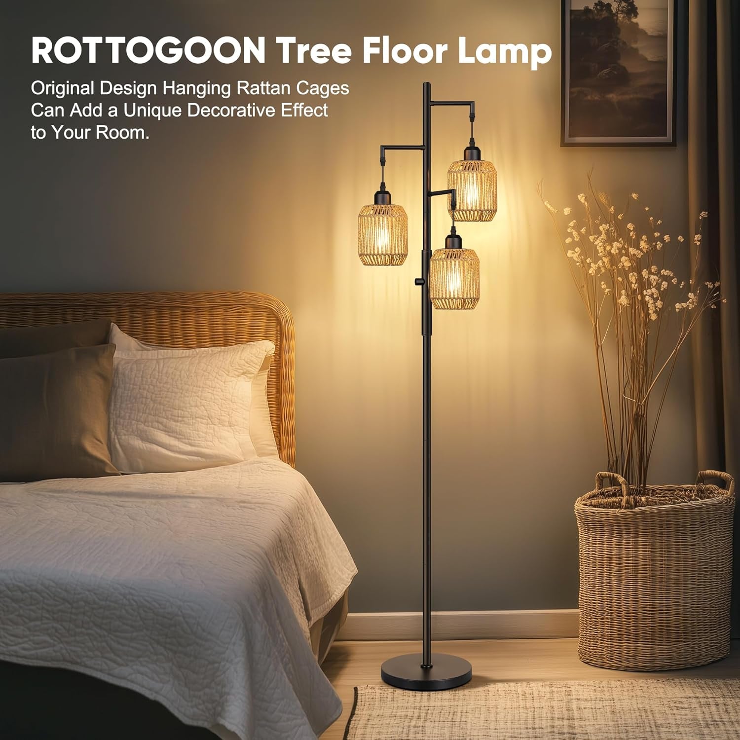 68" Dimmable Boho Floor Lamp | 3-Light Rattan Farmhouse Industrial Standing Lamp, Black