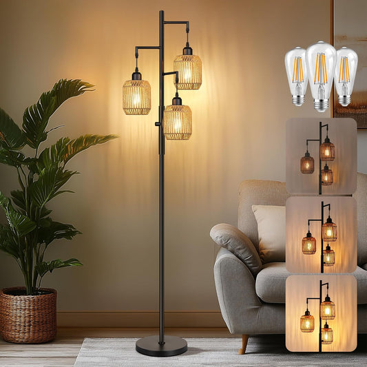 68" Dimmable Boho Floor Lamp | 3-Light Rattan Farmhouse Industrial Standing Lamp, Black