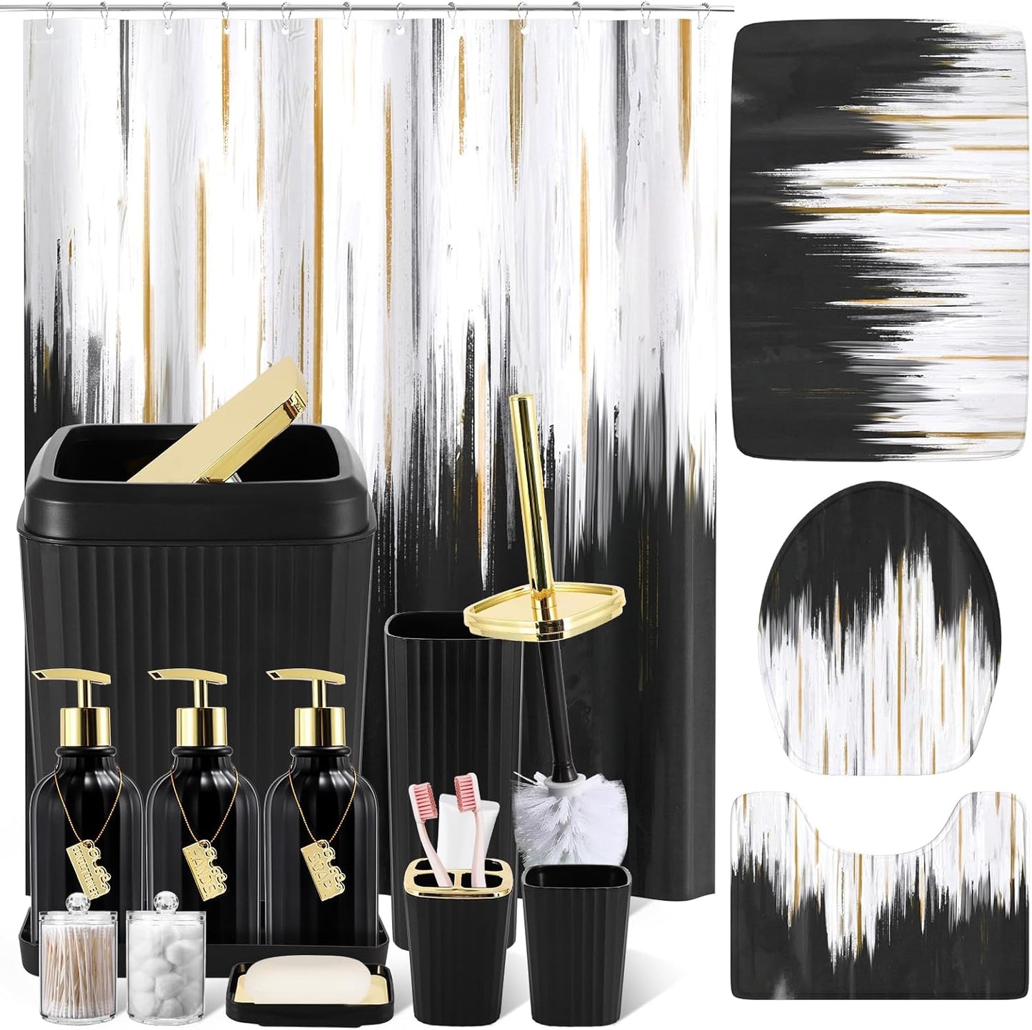 17-Piece Bathroom Accessory Set – Toilet Brush, Trash Can, Qtip Holder & 3 Soap Dispensers