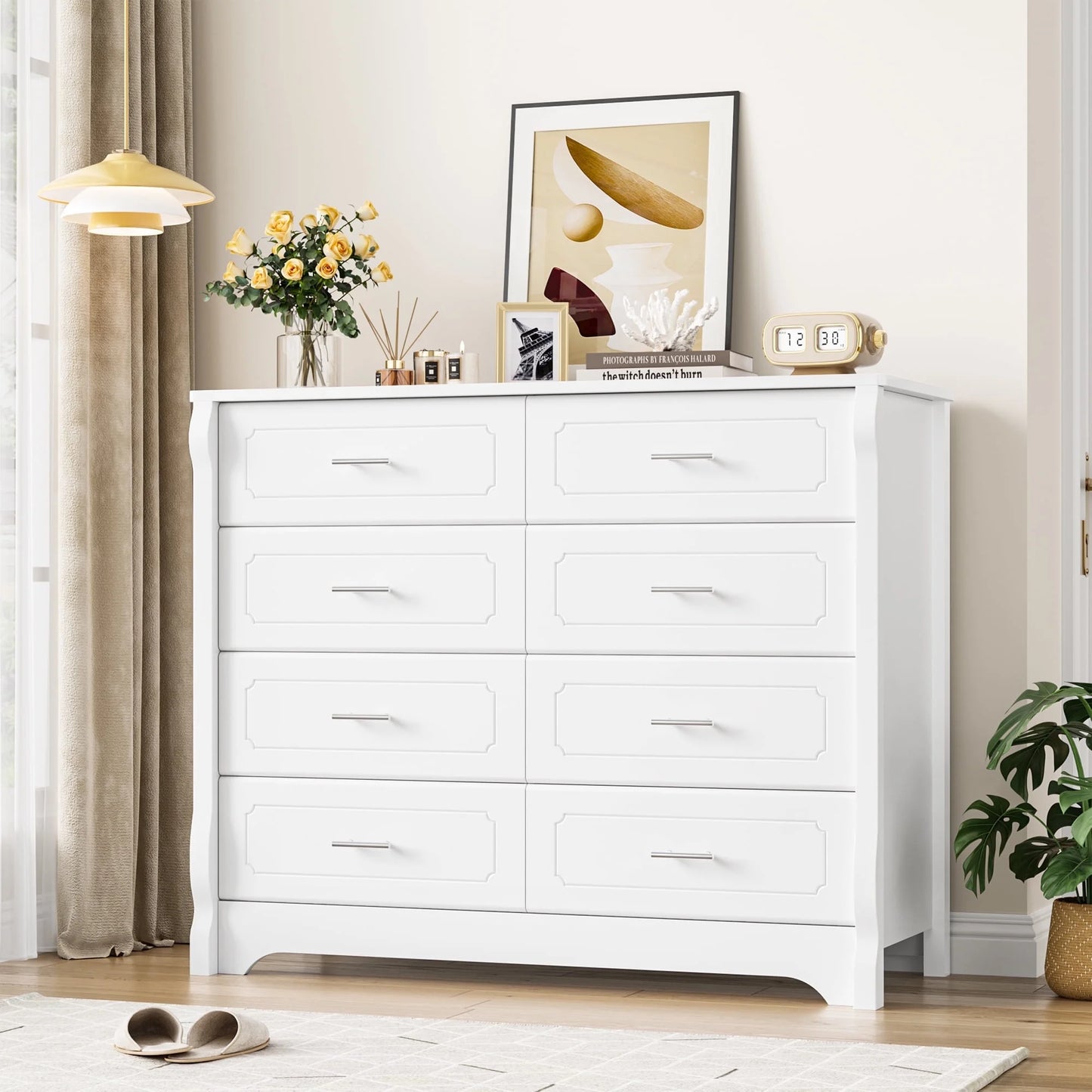 8 Drawer Double Dresser, White Horizontal Dresser Chest for Bedroom
