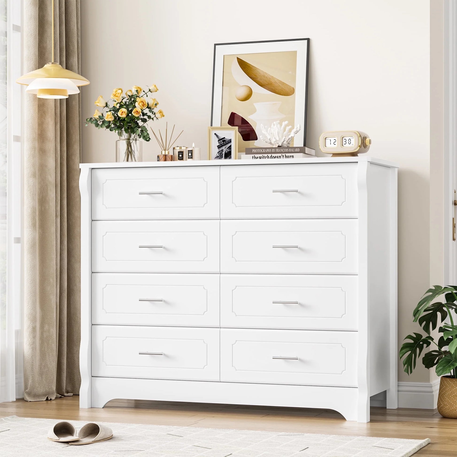 8 Drawer Double Dresser, White Horizontal Dresser Chest for Bedroom