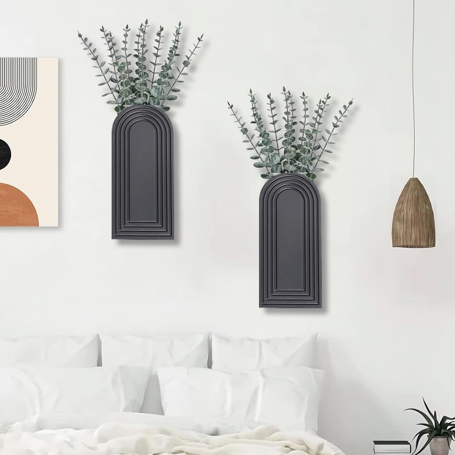 2-Pack Wooden Wall Vase Set | Black Modern Farmhouse & Boho Wall Decor for Entryway, Hallway & Living Spaces