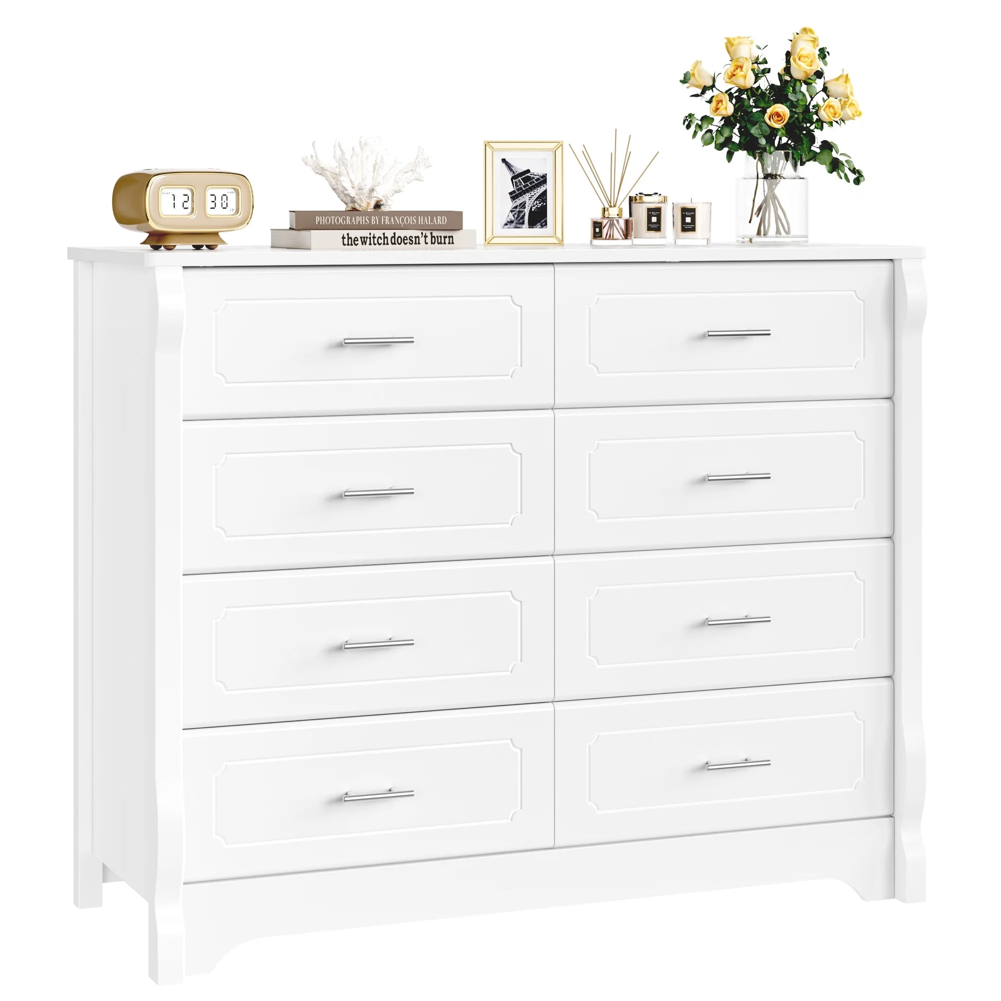 8 Drawer Double Dresser, White Horizontal Dresser Chest for Bedroom