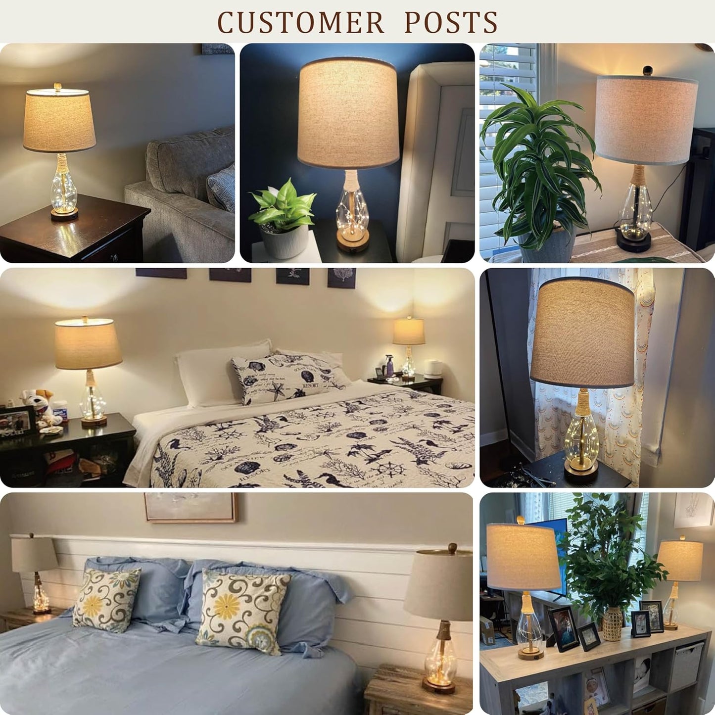 23" USB A+C Table Lamp Set of 2 | Modern Retro Farmhouse Rattan & Glass Bedside Lamps