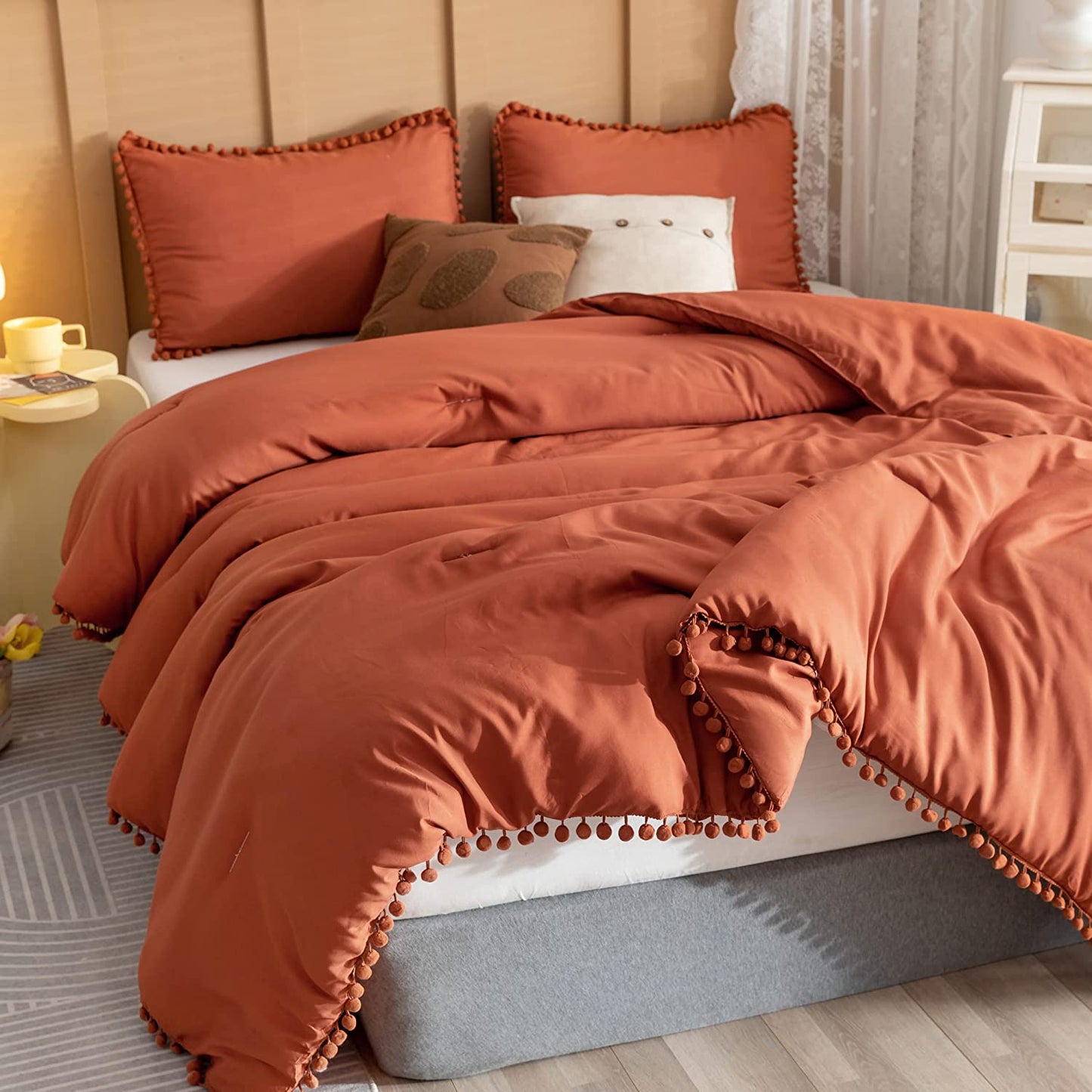 Queen 3-Piece Comforter Set | Soft All-Season Bedding with Ball Pom Fringe, Includes Comforter & 2 Pillow Shams