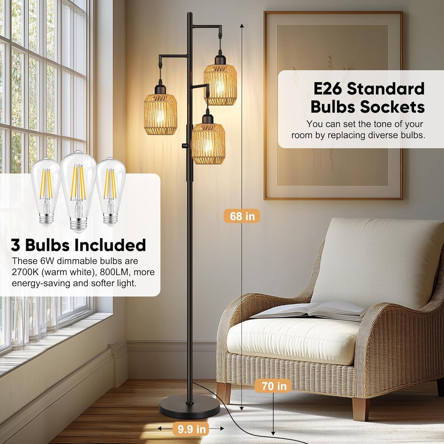 68" Dimmable Boho Floor Lamp | 3-Light Rattan Farmhouse Industrial Standing Lamp, Black