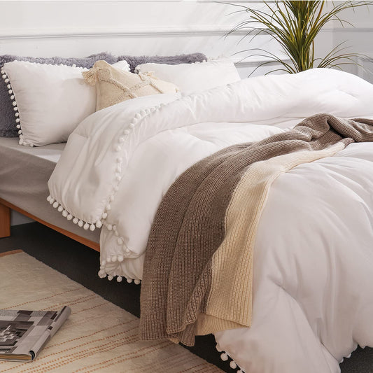 Queen 3-Piece Comforter Set | Soft All-Season Bedding with Ball Pom Fringe, Includes Comforter & 2 Pillow Shams