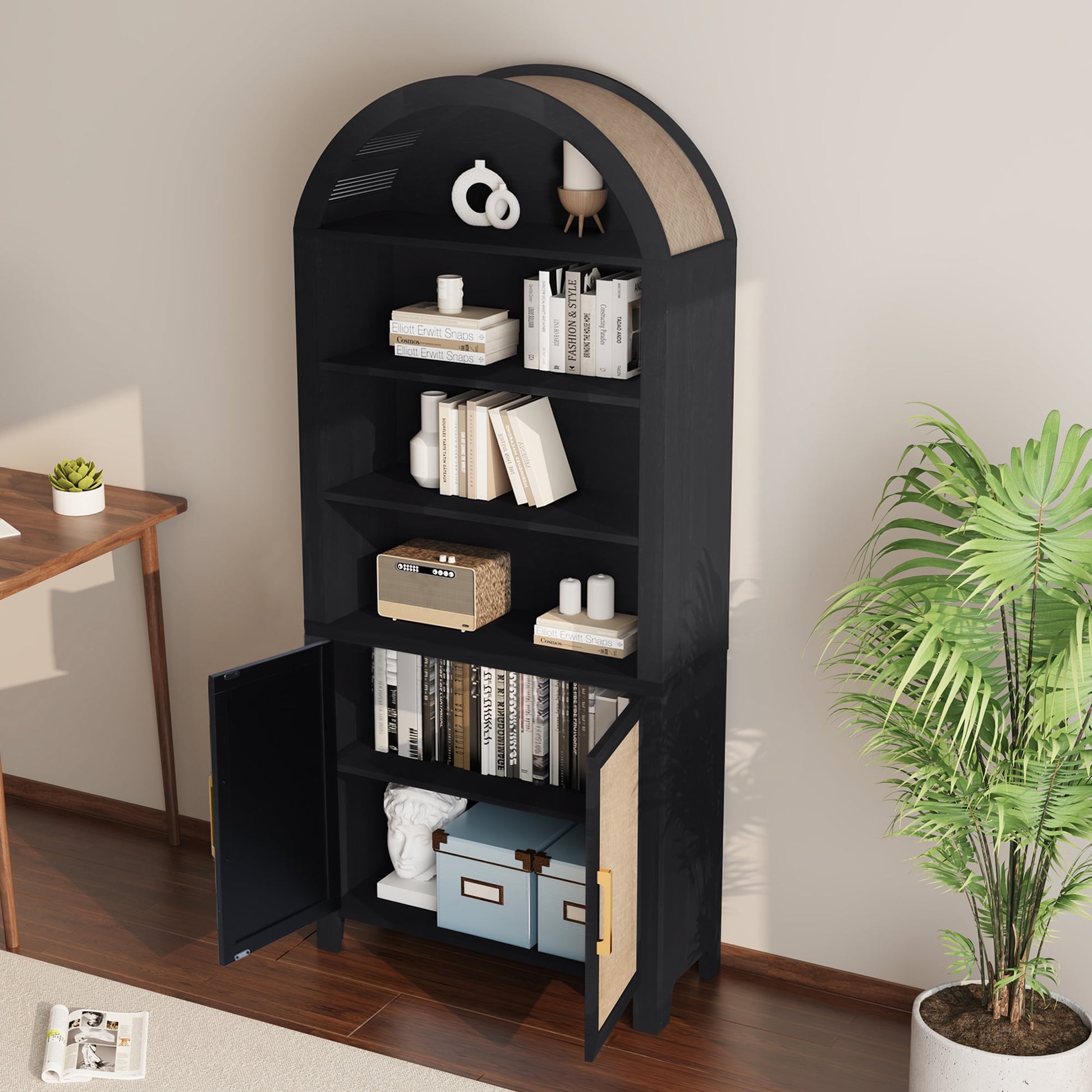 71" Tall Arched Bookshelf with Doors | Mid-Century Modern 6-Tier Rattan Storage Shelf, Black