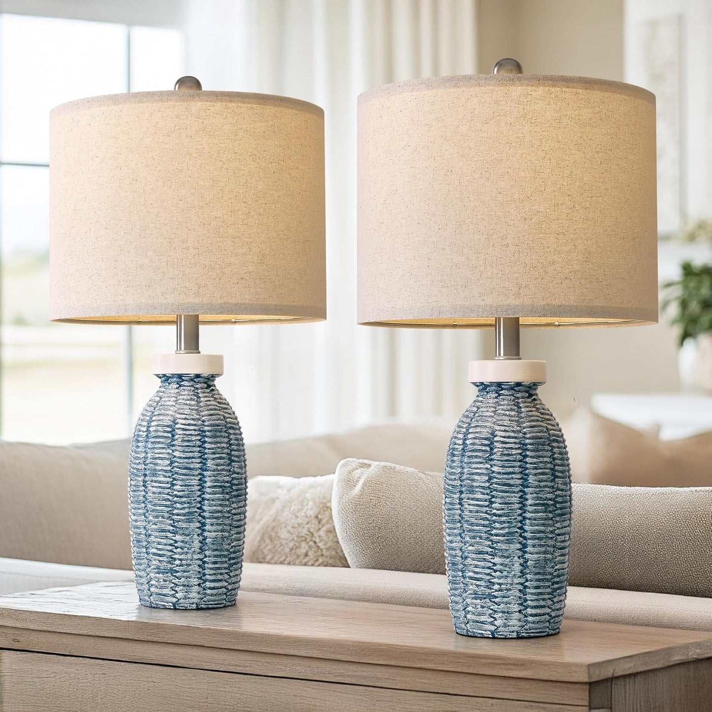 23" Table Lamp Set of 2 | Boho Farmhouse Rustic Vintage Bedside & Desk Lamps, Beige