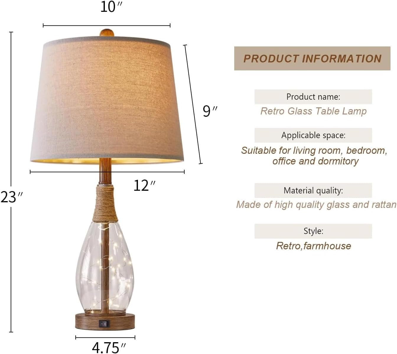 23" USB A+C Table Lamp Set of 2 | Modern Retro Farmhouse Rattan & Glass Bedside Lamps