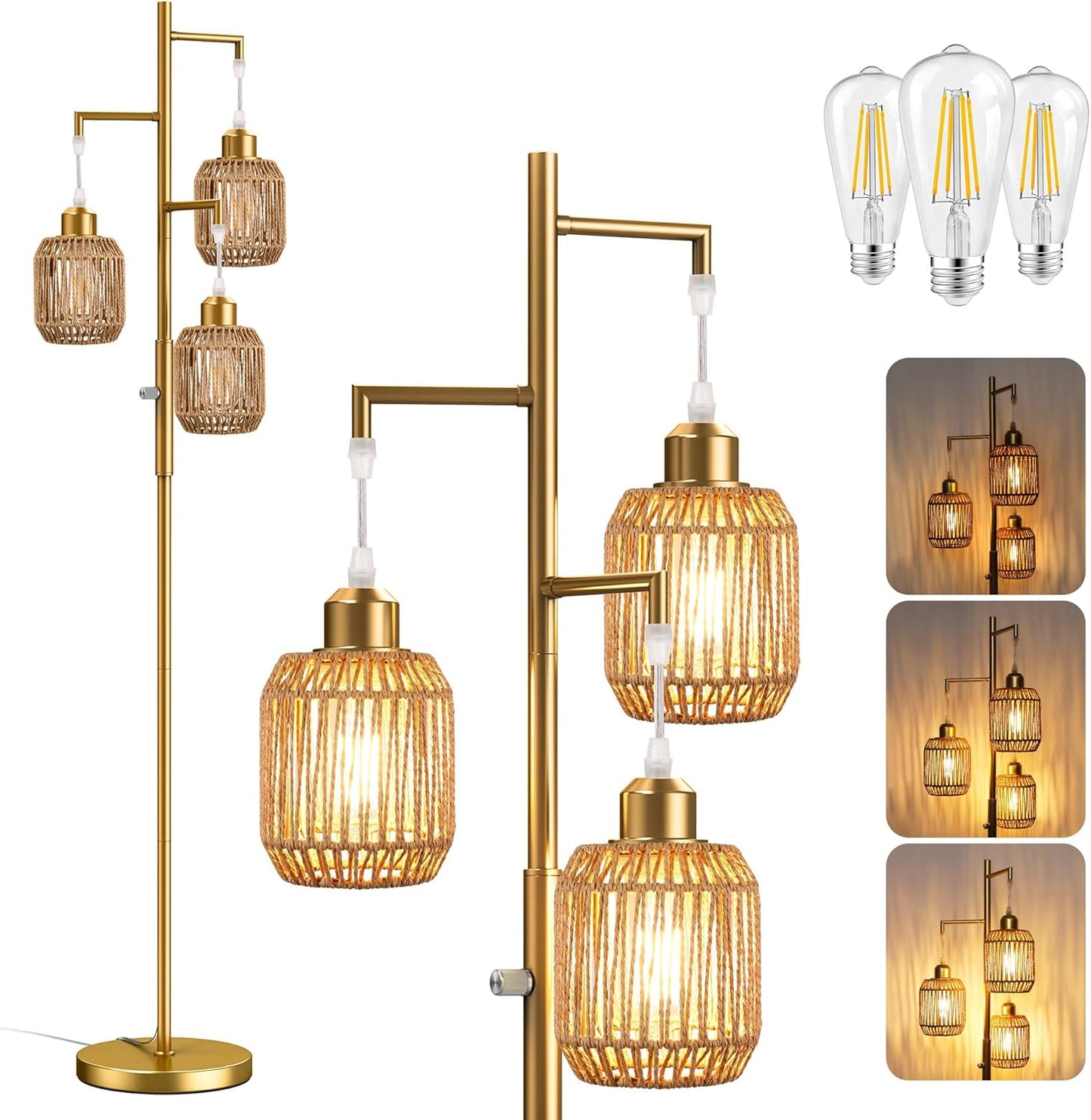68" Dimmable Boho Floor Lamp | 3-Light Rattan Farmhouse Industrial Standing Lamp, Black