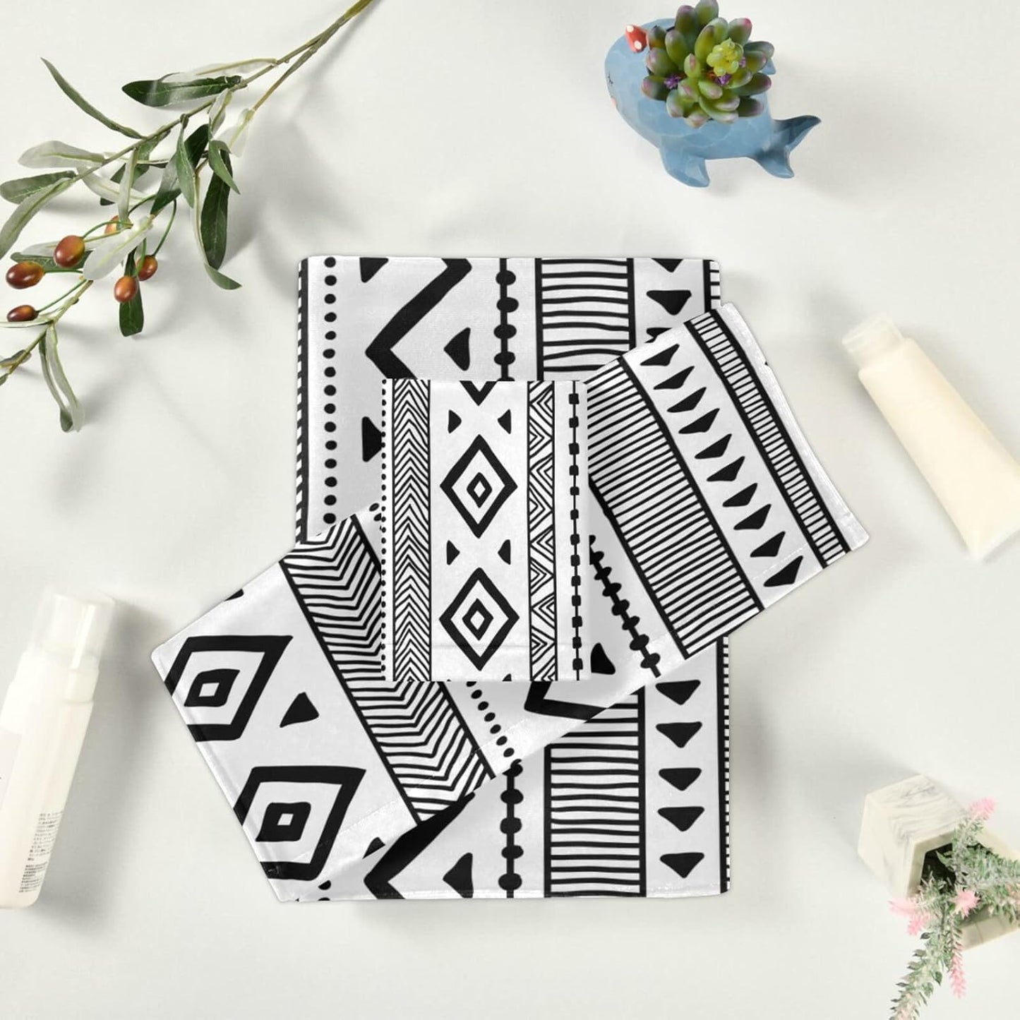 3-Piece Aztec Boho Bath Towel Set | Soft, Highly Absorbent Black & White Tribal Towels for Bathroom, Spa & Hotel