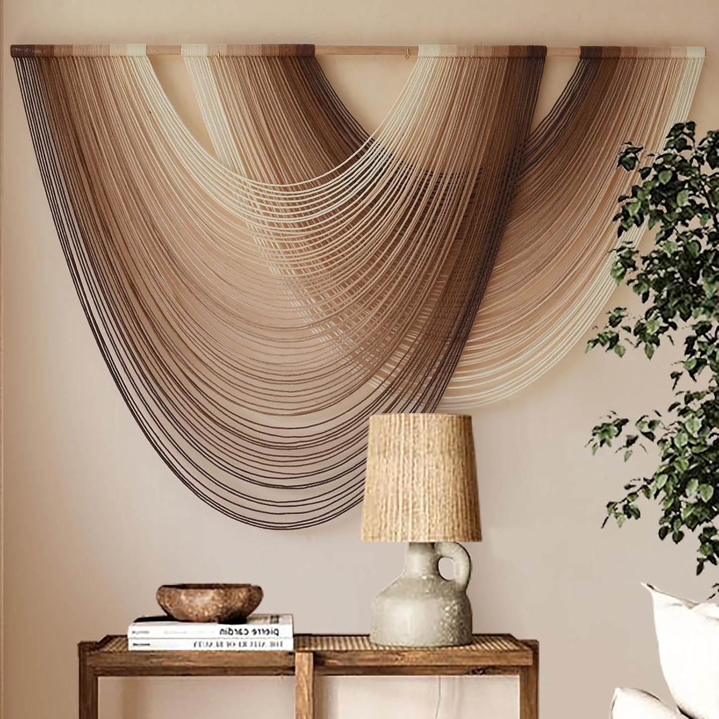 Macrame Wall Hanging | Dip Dye Brown Boho Yarn Tapestry for Modern Living Room & Bedroom, 57" x 35"