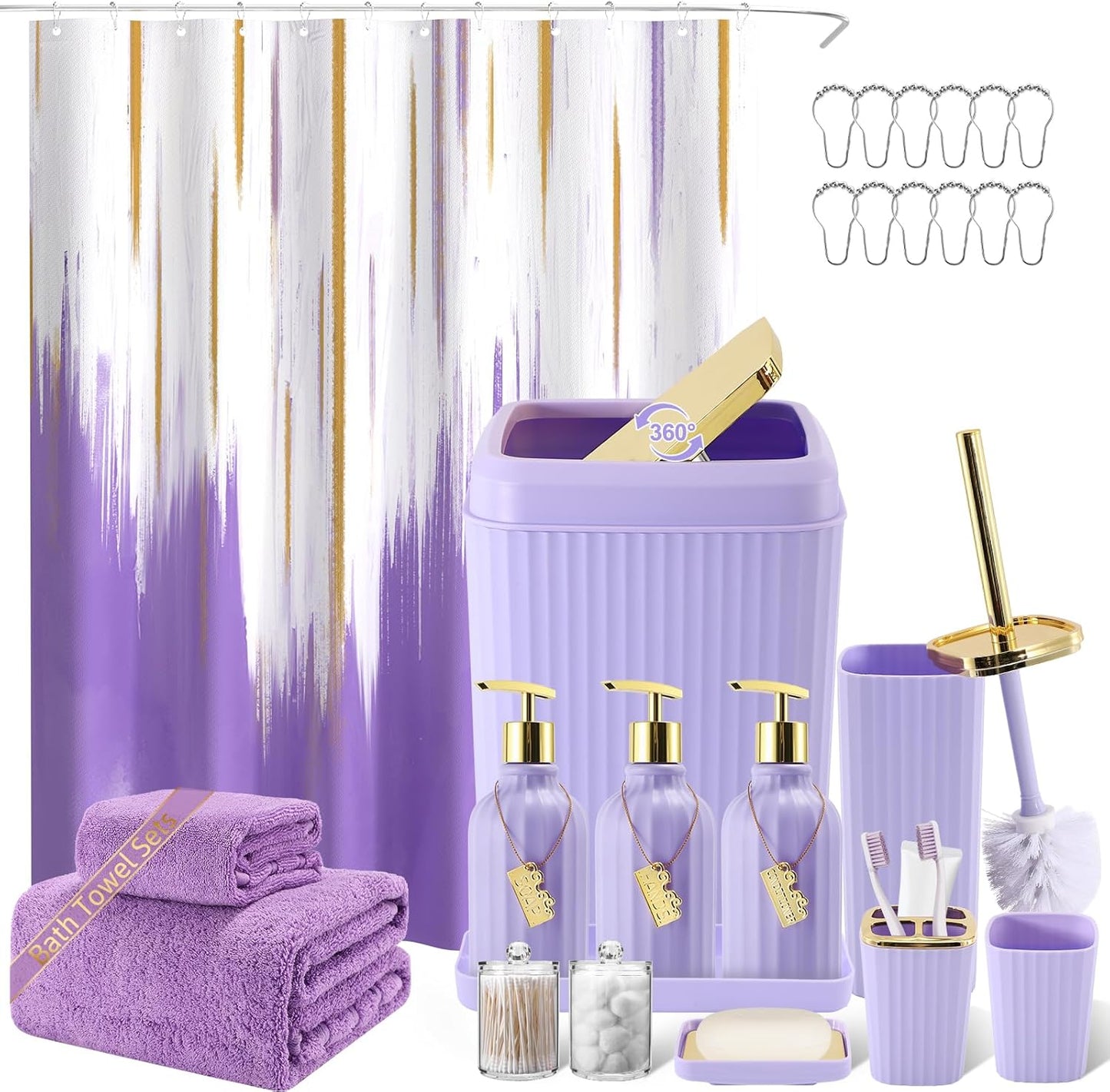 17-Piece Bathroom Accessory Set – Toilet Brush, Trash Can, Qtip Holder & 3 Soap Dispensers