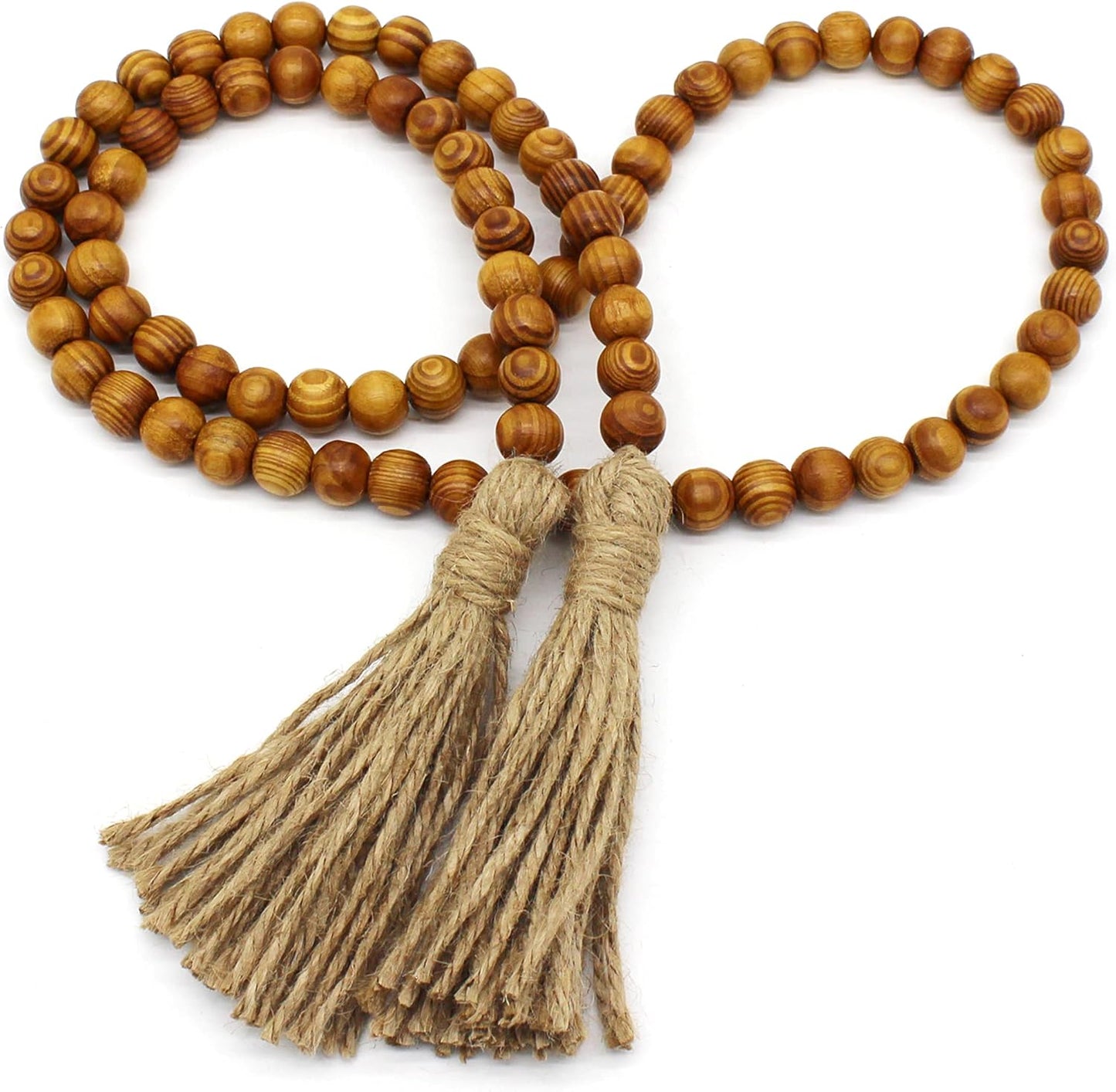 Wood Grain Beads Garland with Tassels | Dark Tan Farmhouse Rustic Prayer Bead Wall Hanging, Home & Festival Décor