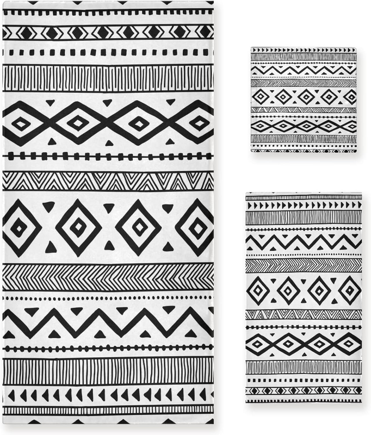 3-Piece Aztec Boho Bath Towel Set | Soft, Highly Absorbent Black & White Tribal Towels for Bathroom, Spa & Hotel