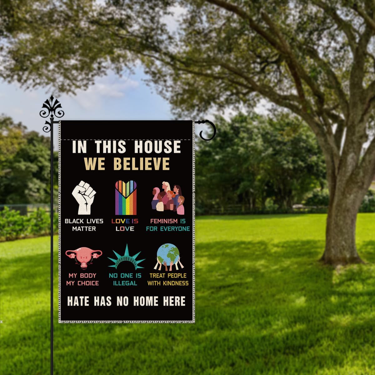 In This House We Believe Garden Flag | Equality, Love & Inclusion Yard Banner, Outdoor Farmhouse Décor