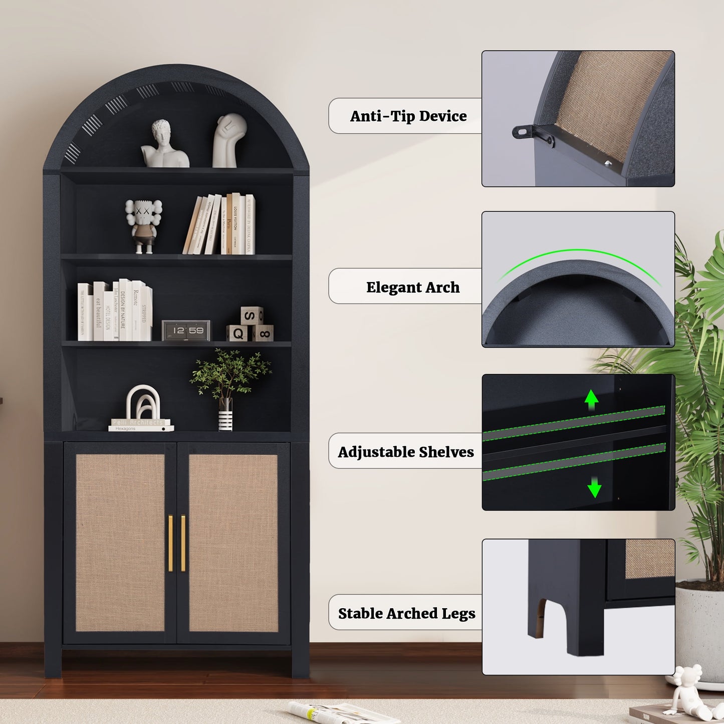 71" Tall Arched Bookshelf with Doors | Mid-Century Modern 6-Tier Rattan Storage Shelf, Black