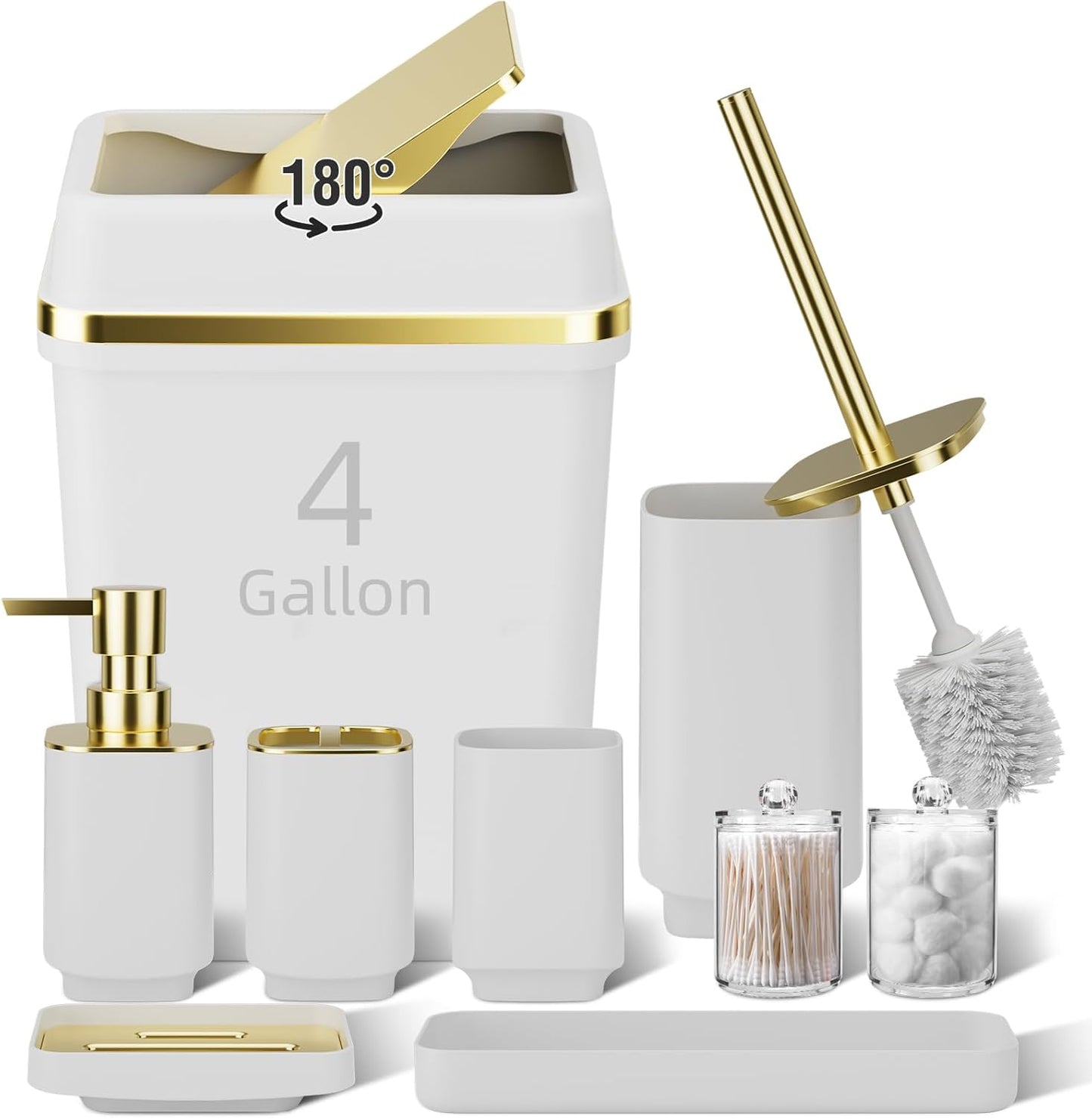 17-Piece Bathroom Accessory Set – Toilet Brush, Trash Can, Qtip Holder & 3 Soap Dispensers