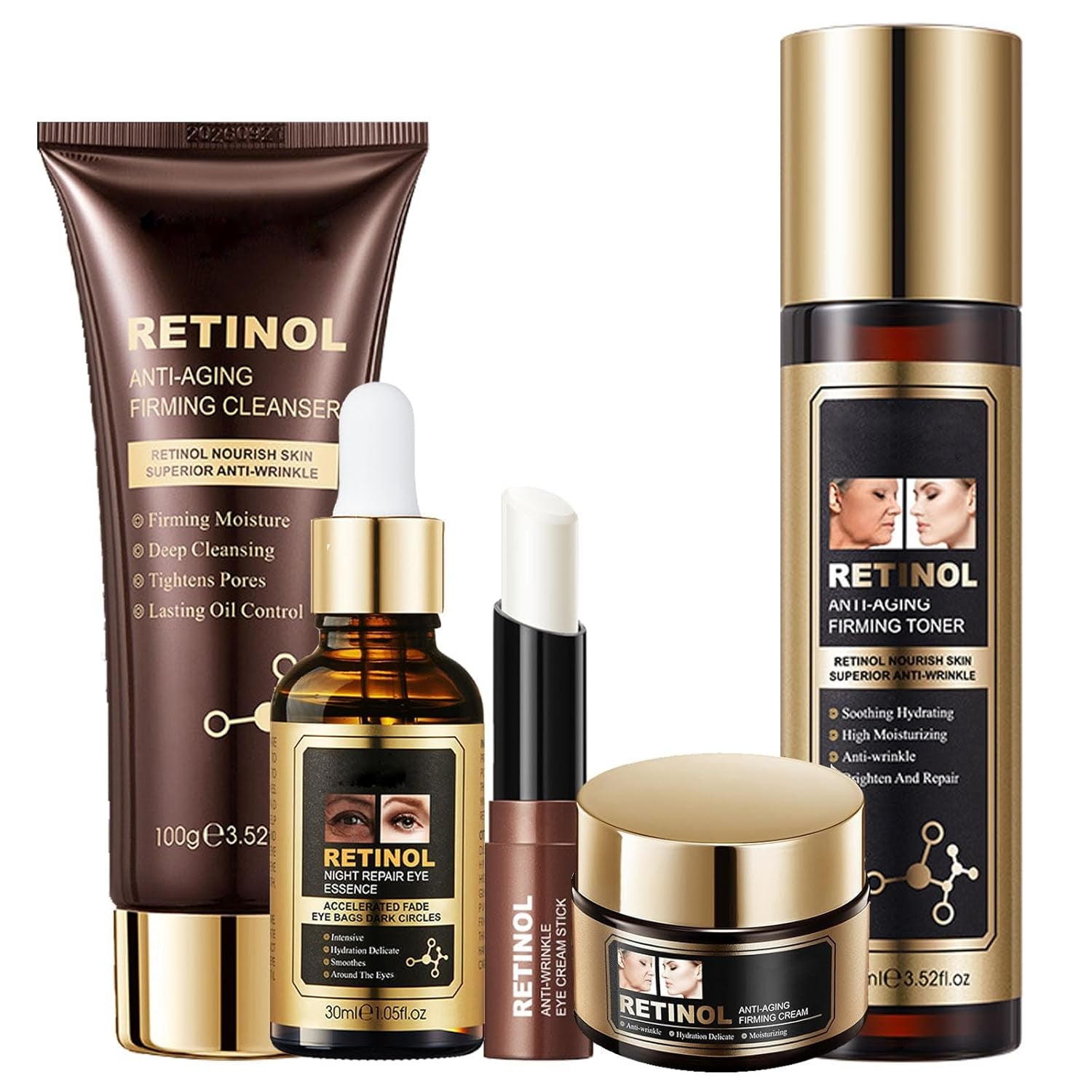 Retinol Skin Care Set | Anti-Aging Face Kit for Women, Firming & Tightening Skincare Set, Brown