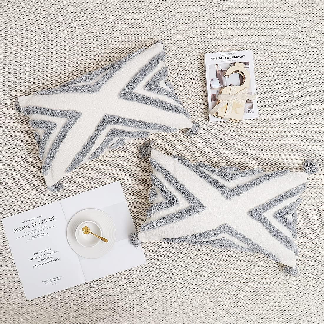 Boho Grey Lumbar Throw Pillow Cover 12X20 Inch with Tassels, Gray Geometric Tufted Cream Chenille Fabric Small Accent Textured Cushion Case for Bed Couch, 1 PC Cover Only No Insert