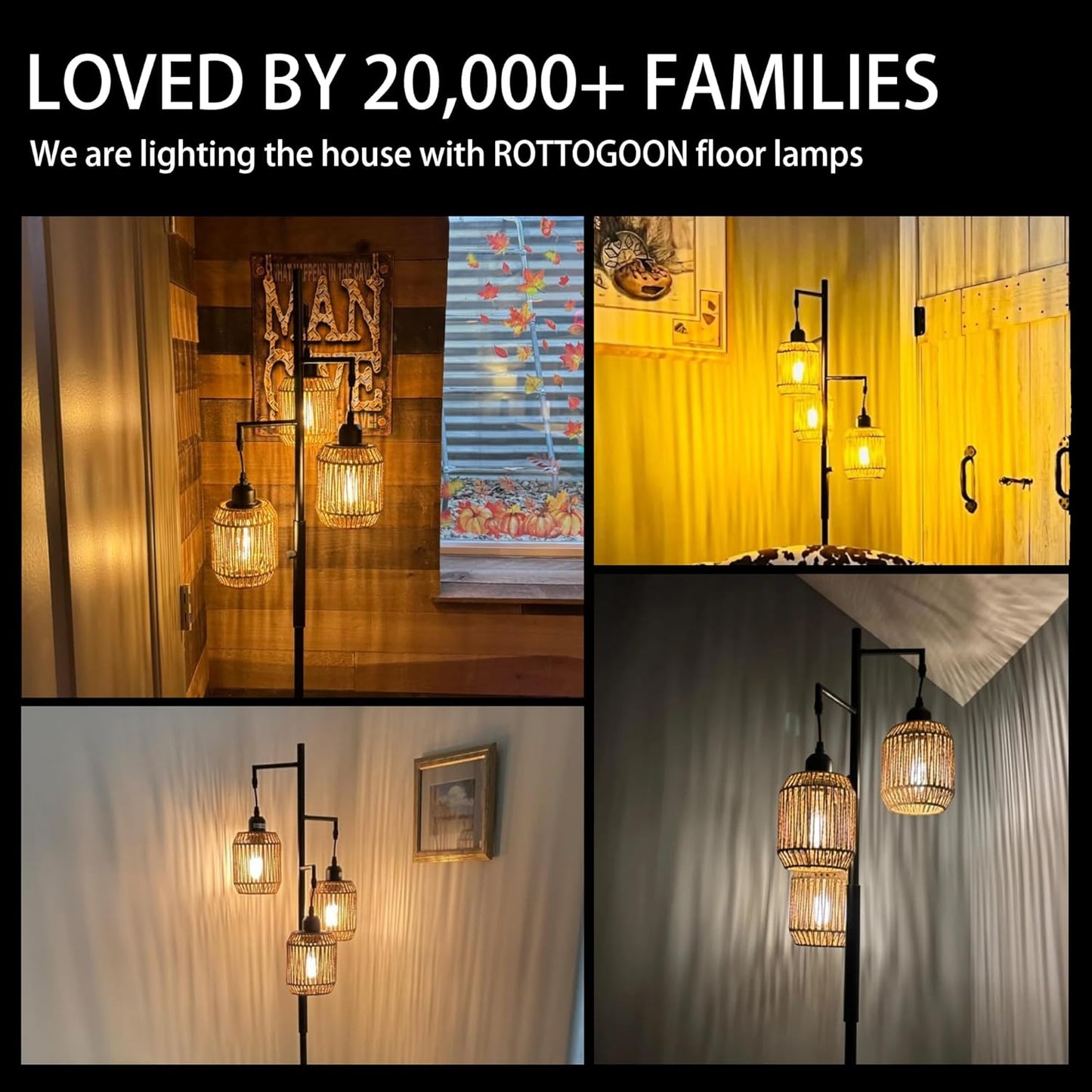 68" Dimmable Boho Floor Lamp | 3-Light Rattan Farmhouse Industrial Standing Lamp, Black
