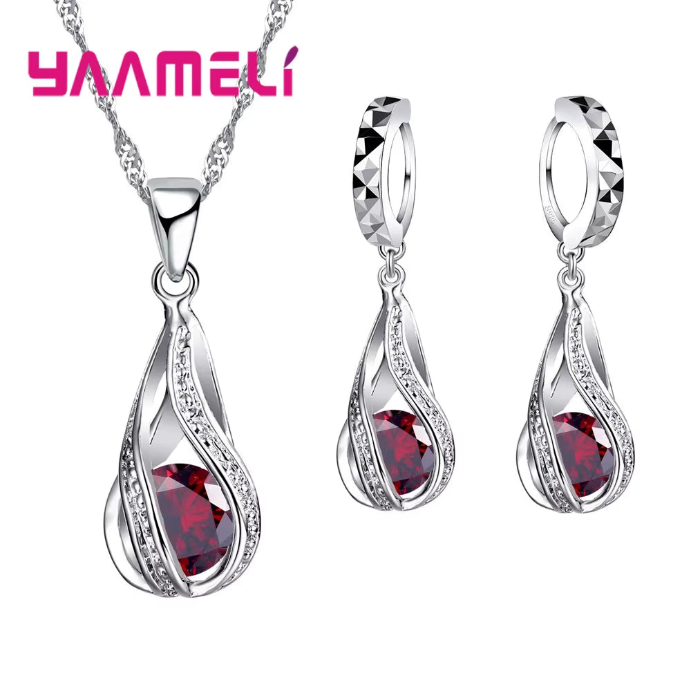 Hot Water Drop CZ 925 Sterling Silver Plated Jewelry Set for Women Pendant Necklace Hoop Earrings Wedding Party Ceremoey Anel