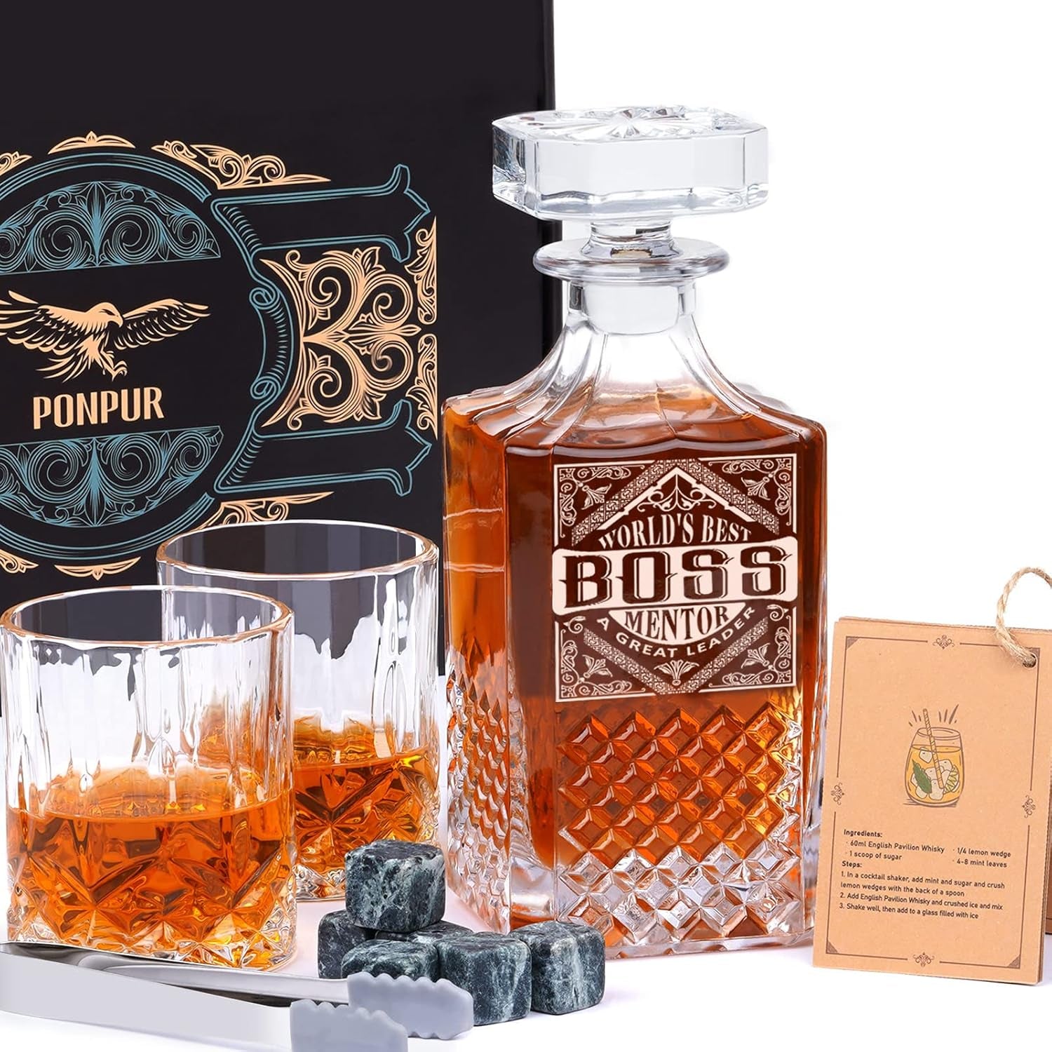 Gifts for Men Dad Stocking Stuffers, Whiskey Decanter Set with 2 Glasses, Unique Cool Dad Birthday Gift from Daughter Son, Best Christmas Retirement Present for Man Father