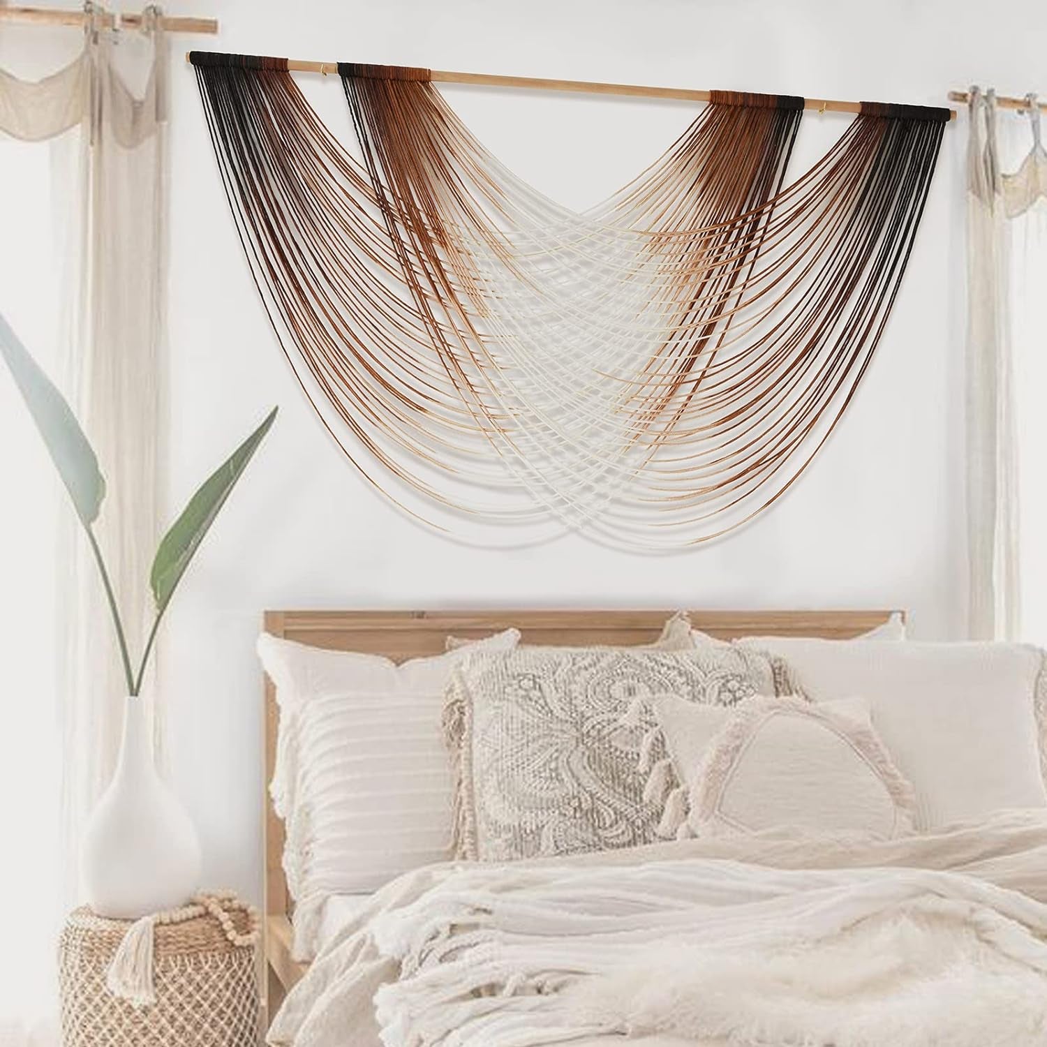 Macrame Wall Hanging | Dip Dye Brown Boho Yarn Tapestry for Modern Living Room & Bedroom, 57" x 35"