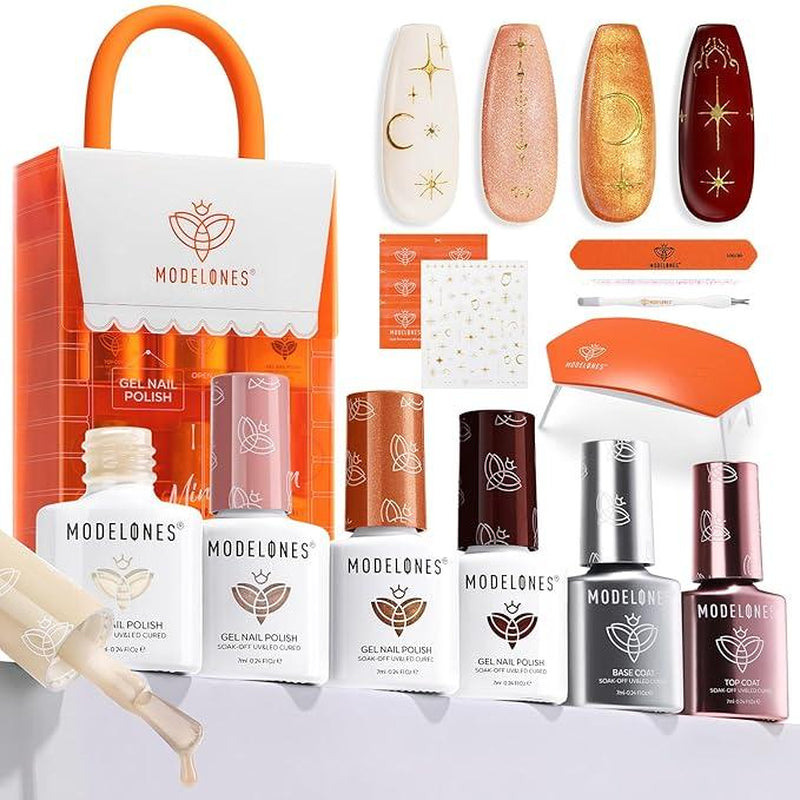 [New Product Sale]Modelones 14Pcs 4 Colors Gel Nail Polish Kit with UV Light, Base&Top Coat and Stickers, Mini Salon at Home, Cat Eye Gel Nail Polish, Jelly Light Pink Manicure Set, Fall Nails, DIY Nail at Home, Budget Friendly Gift