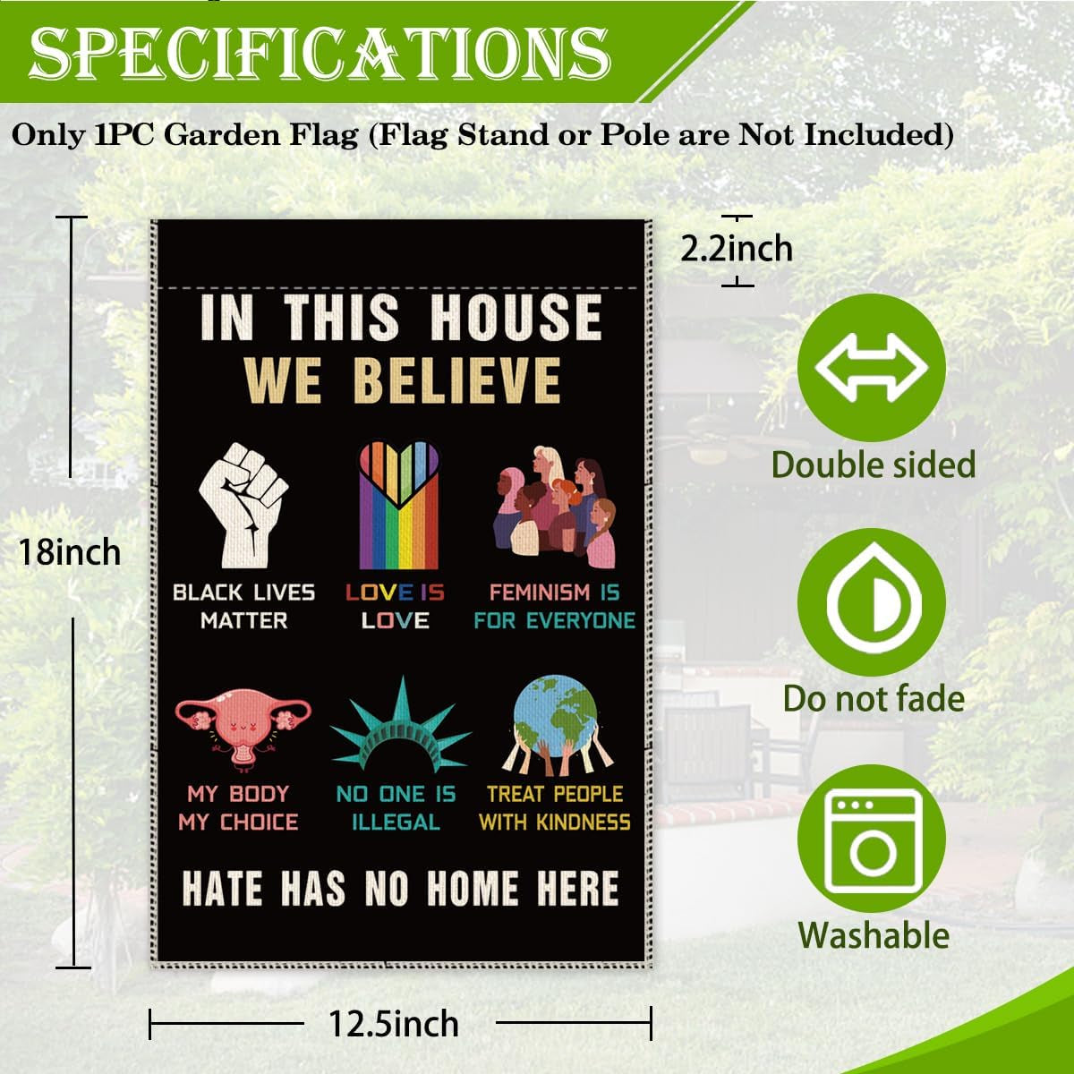In This House We Believe Garden Flag | Equality, Love & Inclusion Yard Banner, Outdoor Farmhouse Décor